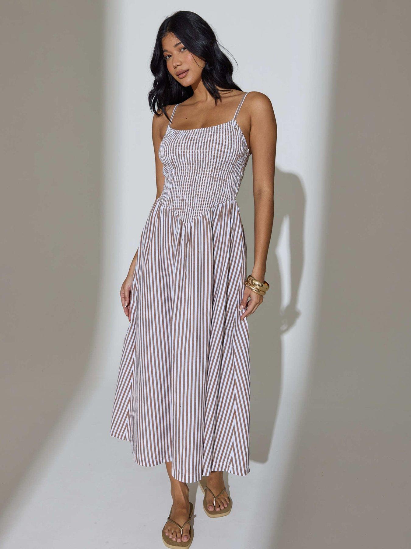 South Beach Stripe Smocked Maxi Dress - Brown