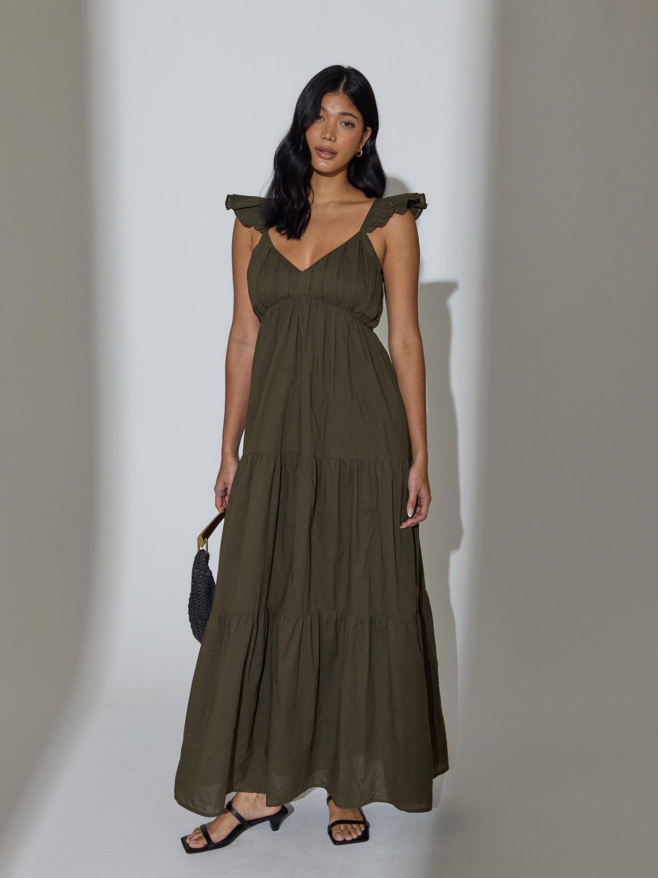 South Beach Frill Sleeve Tiered Maxi Dress - Khaki