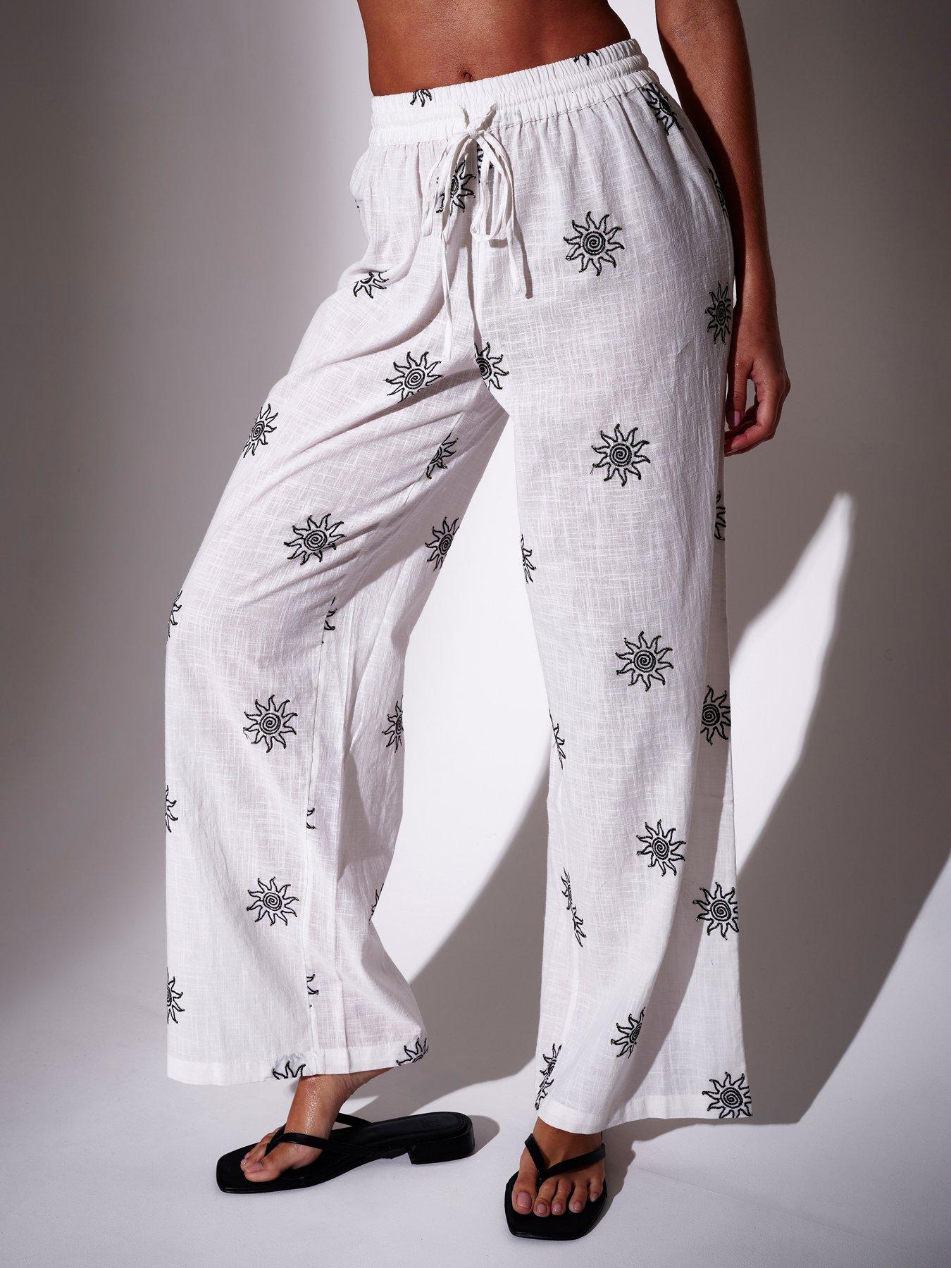 Image 3 of 5 of South Beach Embroidered Celestial Sun Wide Leg Trousers &nbsp;-White