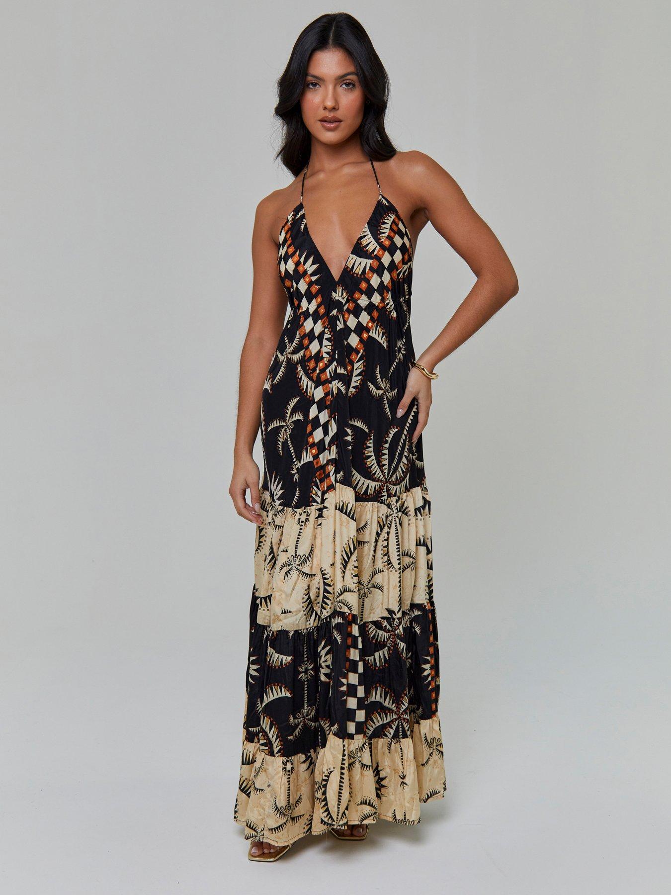 Image 1 of 4 of South Beach Printed Halterneck Low Back Tiered Maxi Dress-multi