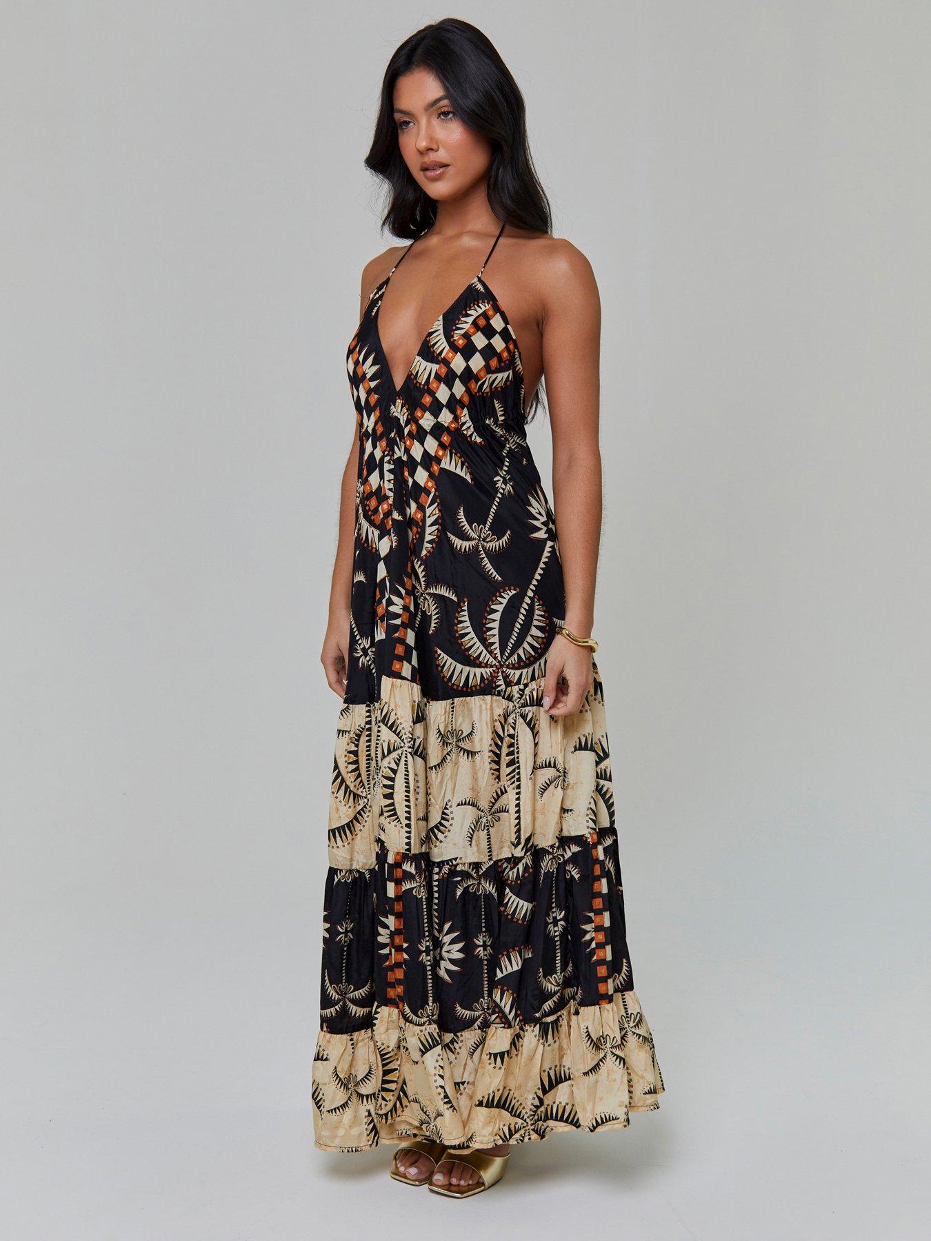 Image 2 of 4 of South Beach Printed Halterneck Low Back Tiered Maxi Dress-multi