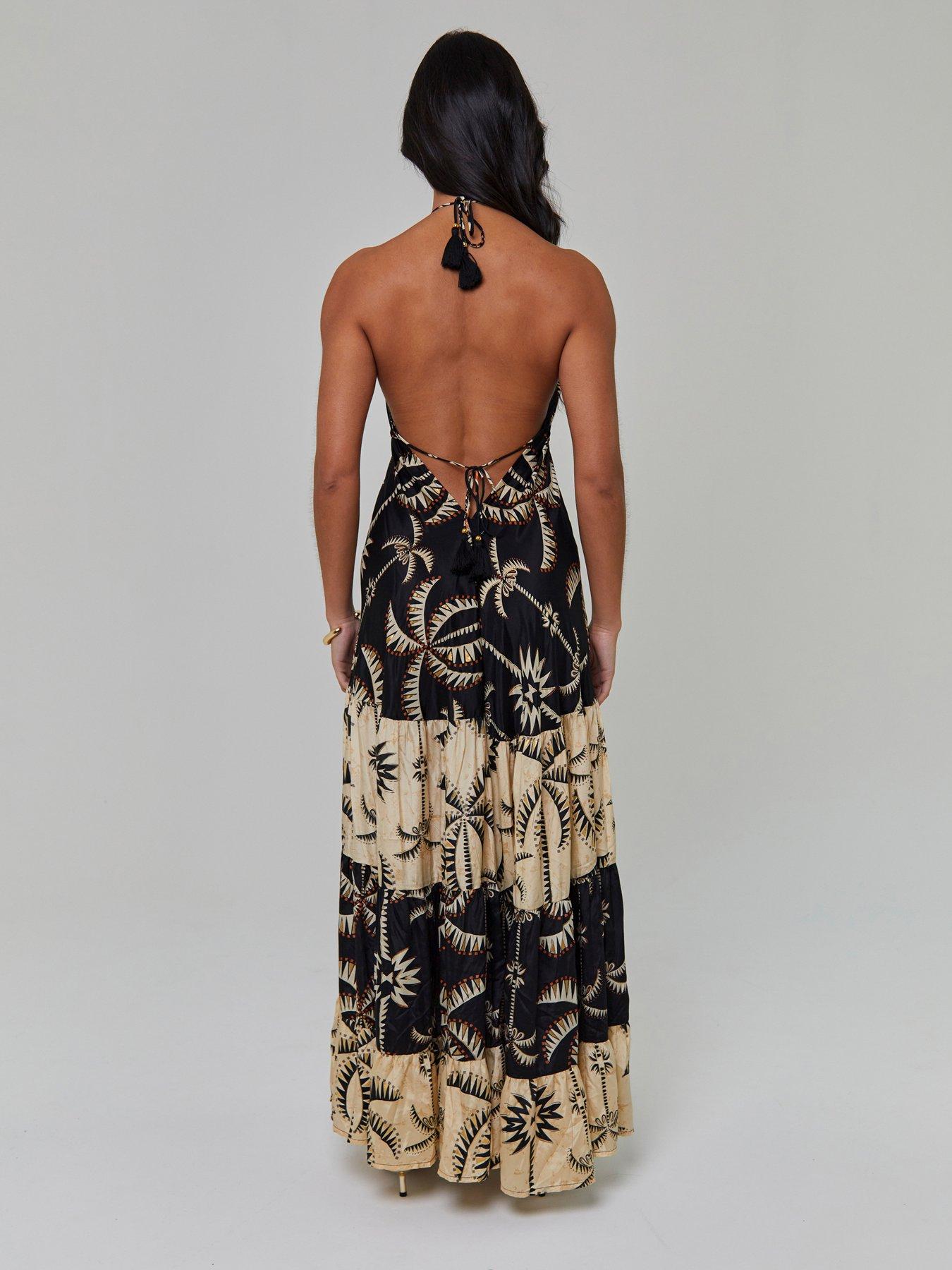 Image 3 of 4 of South Beach Printed Halterneck Low Back Tiered Maxi Dress-multi