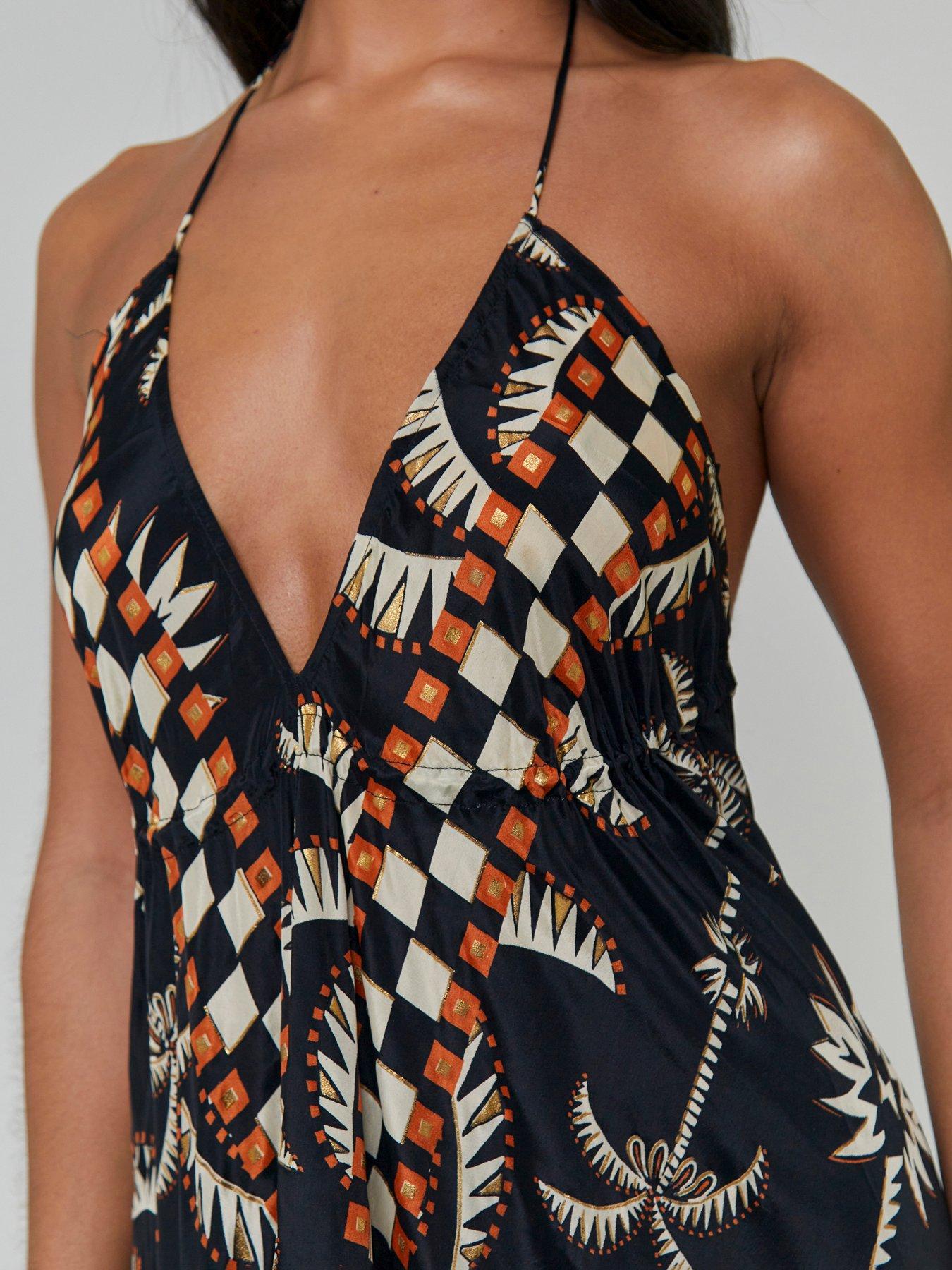 Image 4 of 4 of South Beach Printed Halterneck Low Back Tiered Maxi Dress-multi