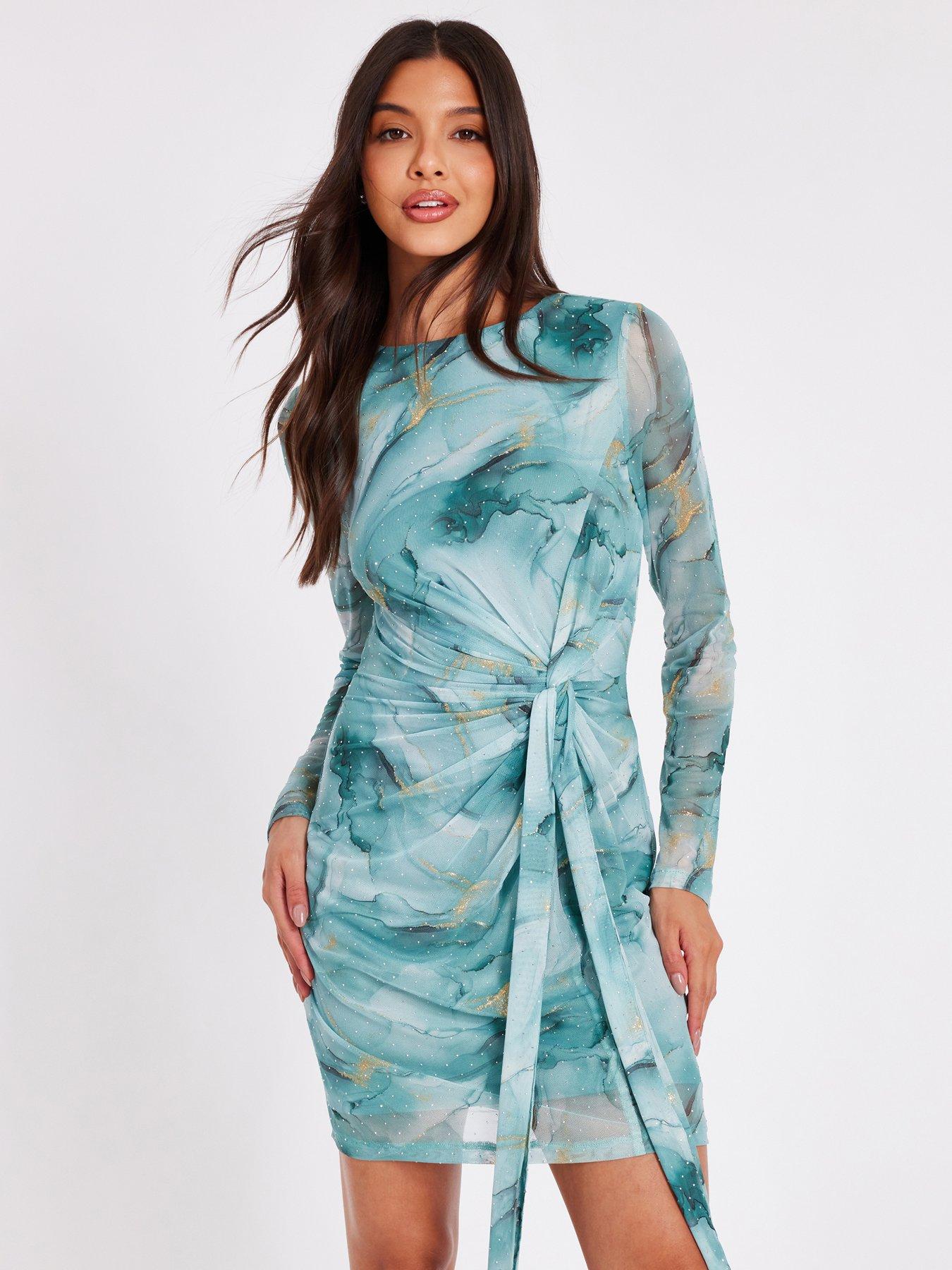 Image 1 of 6 of Quiz Sage Mesh Marble Print Mini Dress