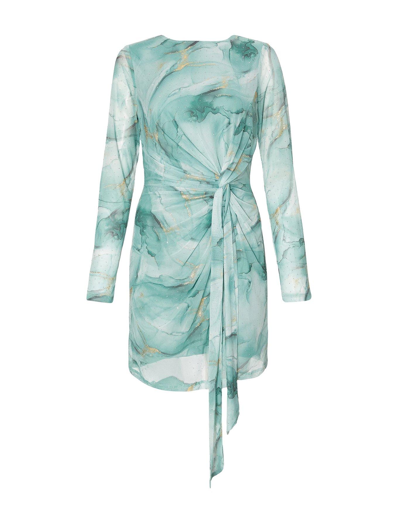 Image 4 of 6 of Quiz Sage Mesh Marble Print Mini Dress