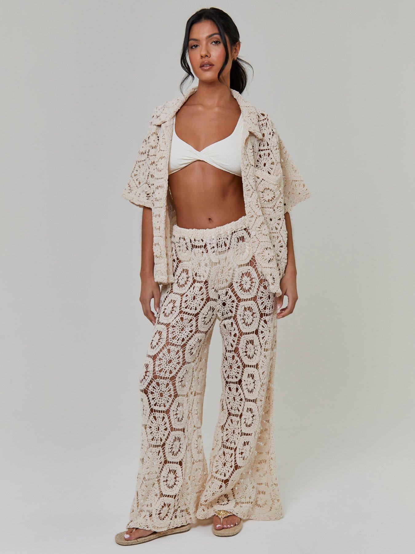 Image 1 of 3 of South Beach Crochet Wide Leg Trousers - Cream