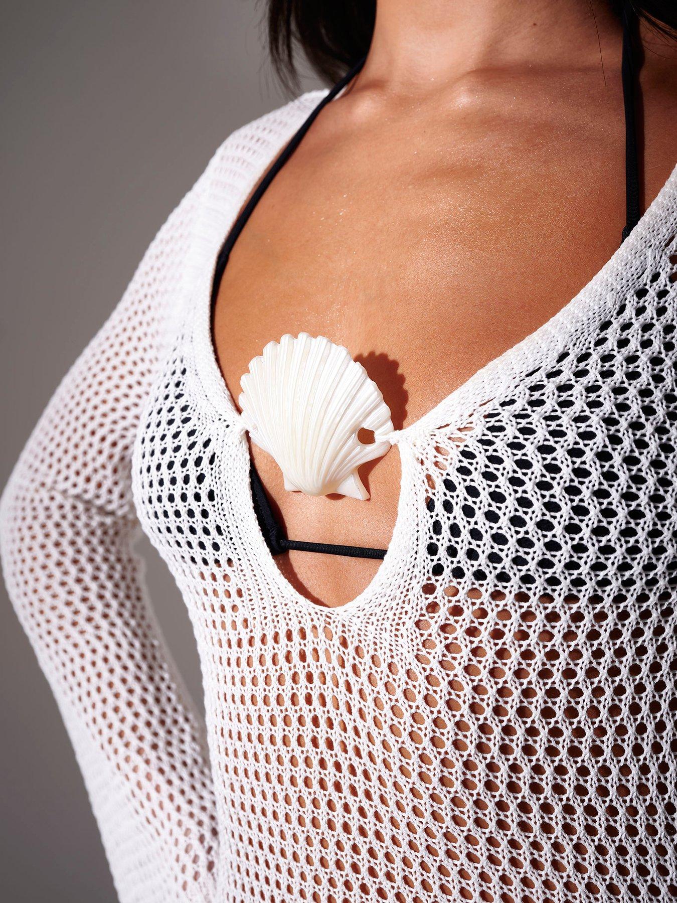Image 4 of 4 of South Beach South Beach Knitted Flared Sleeve Shell Detail Maxi Kaftan-white