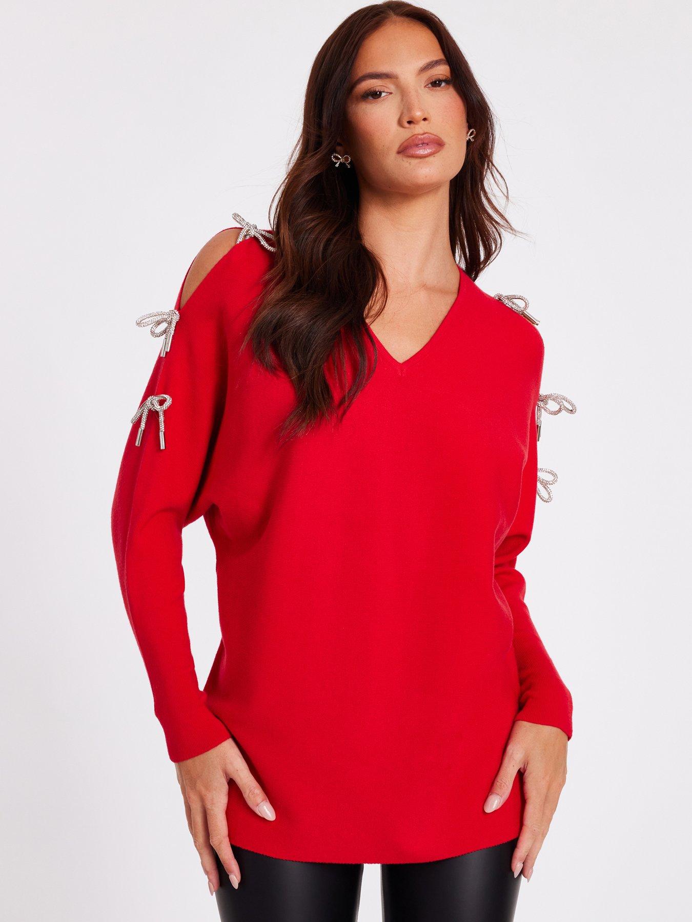 Quiz Red Diamante Bow Sleeve Jumper