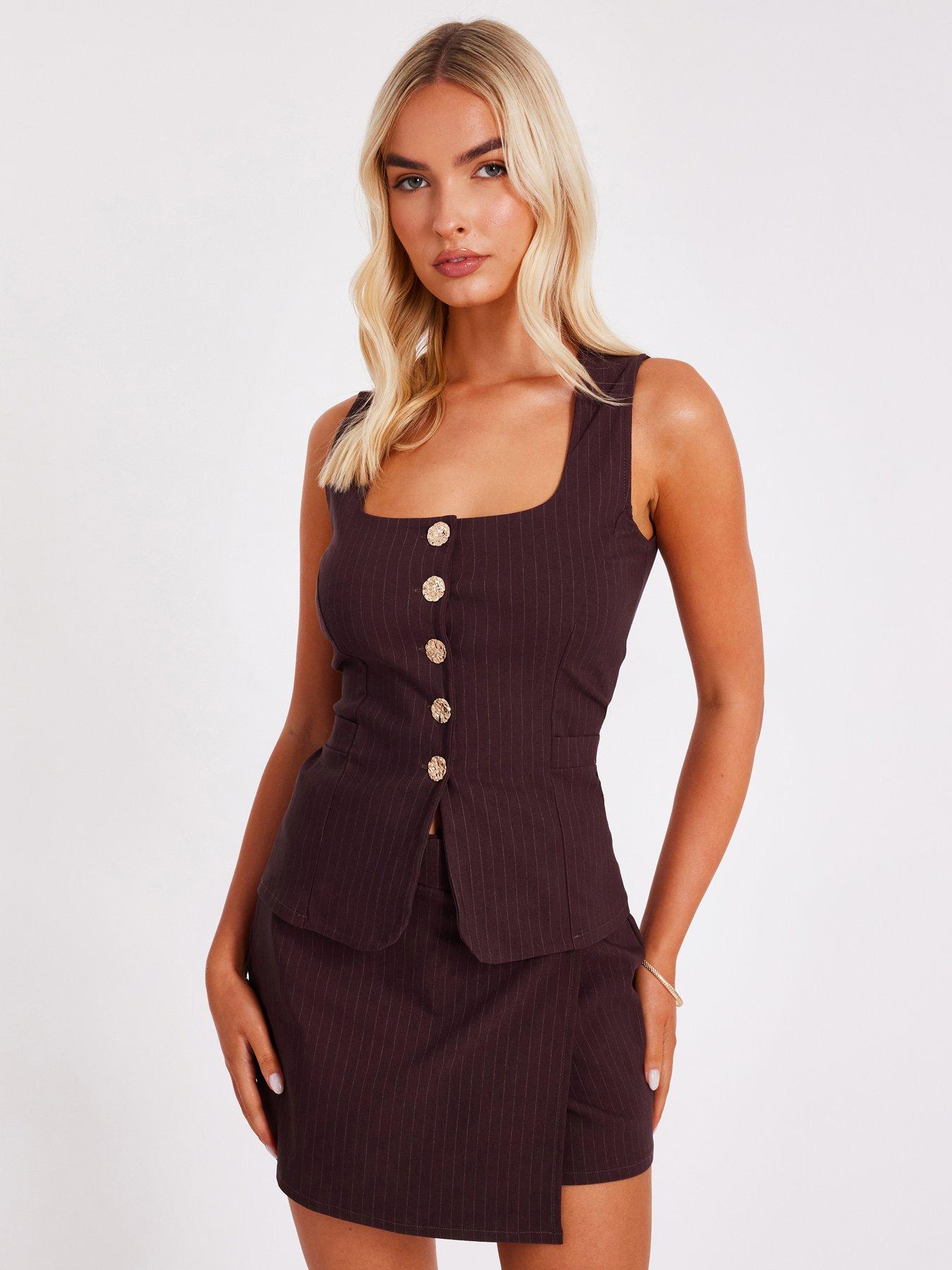 Quiz Brown Pinstripe Button Front Waistcoat