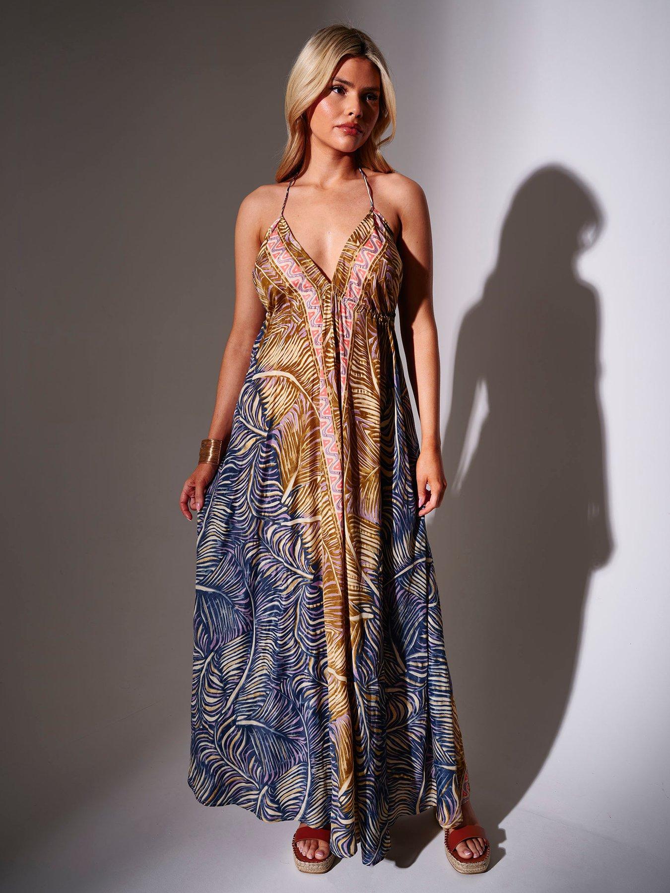 princess polly baby blue dress South Beach Printed Halterneck V-Neck Maxi Dress- Multi