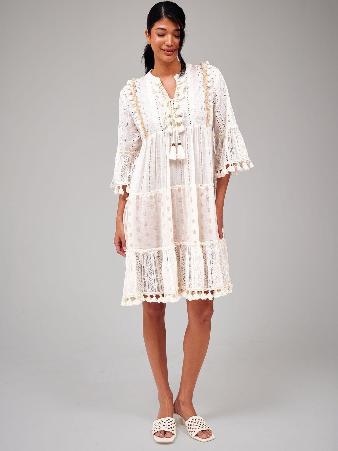 South Beach Trim Detail Tiered Mini Dress -cream