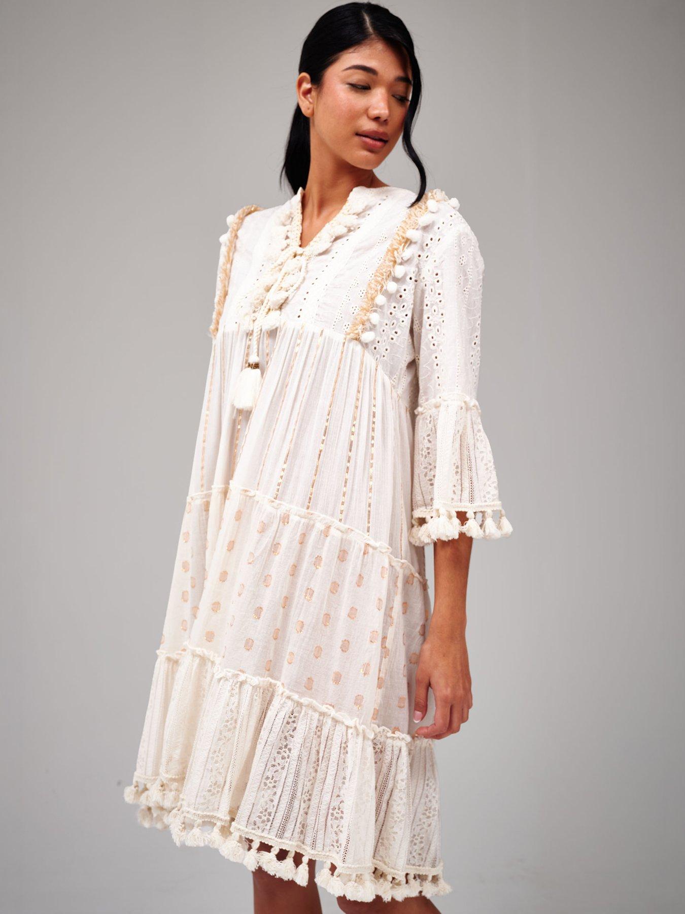 Image 2 of 5 of South Beach Trim Detail Tiered Mini Dress - Cream/Beige
