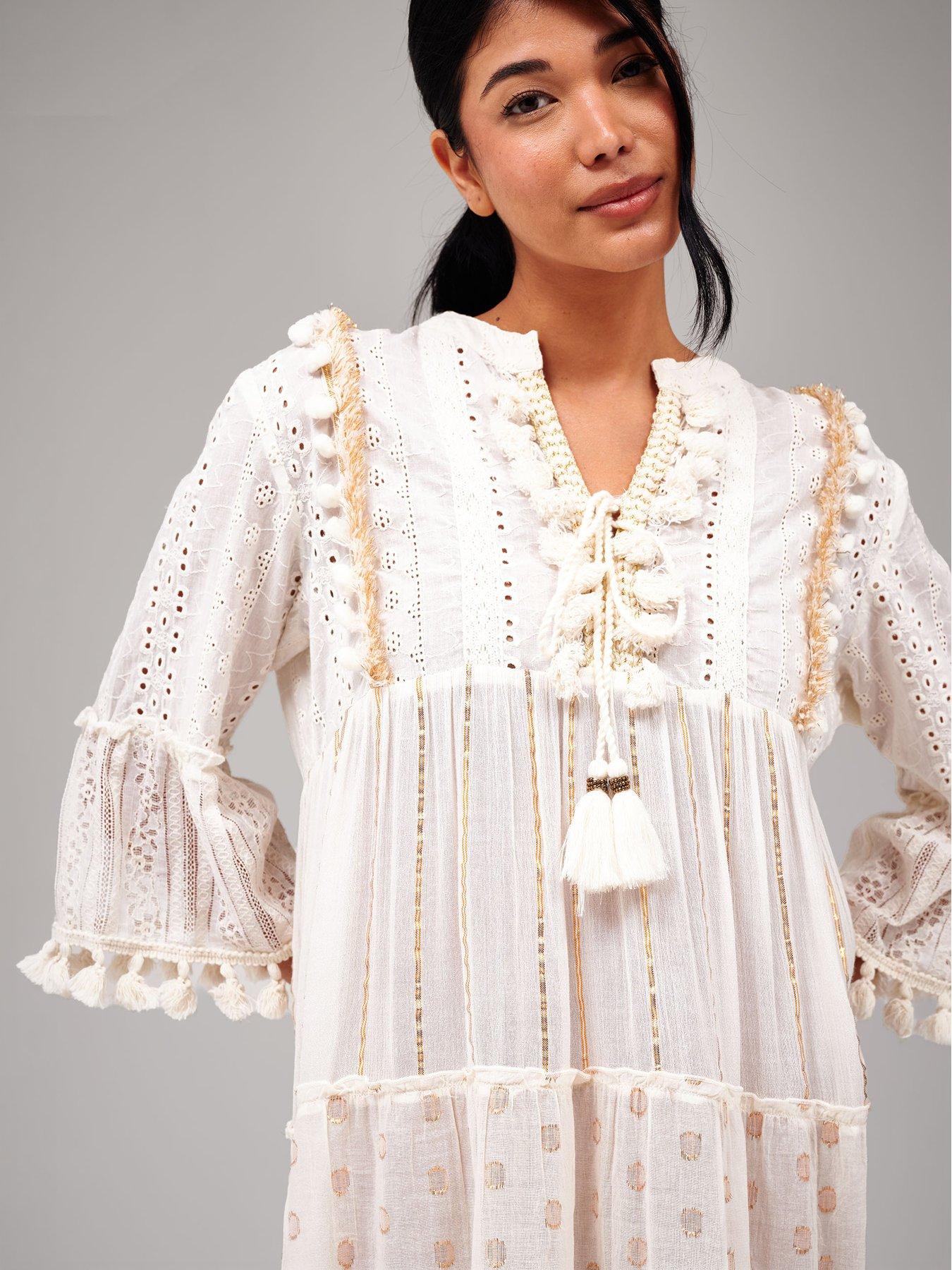 Image 3 of 5 of South Beach Trim Detail Tiered Mini Dress - Cream/Beige