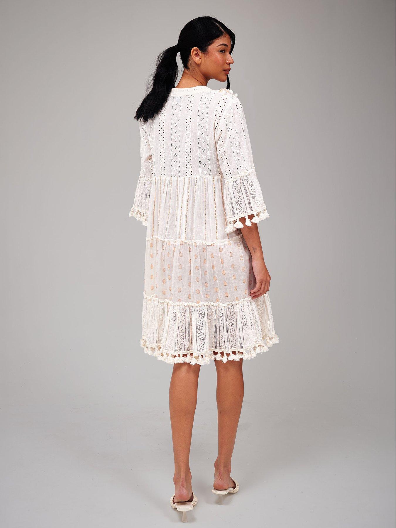 Image 4 of 5 of South Beach Trim Detail Tiered Mini Dress - Cream/Beige