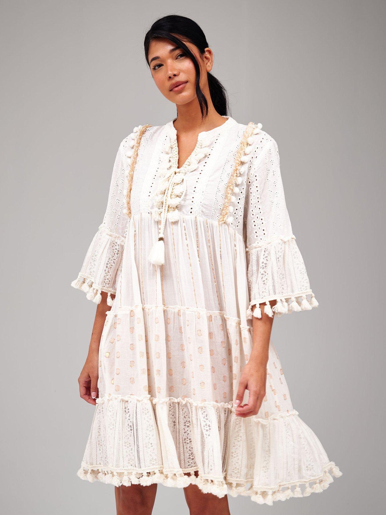 Image 5 of 5 of South Beach Trim Detail Tiered Mini Dress - Cream/Beige