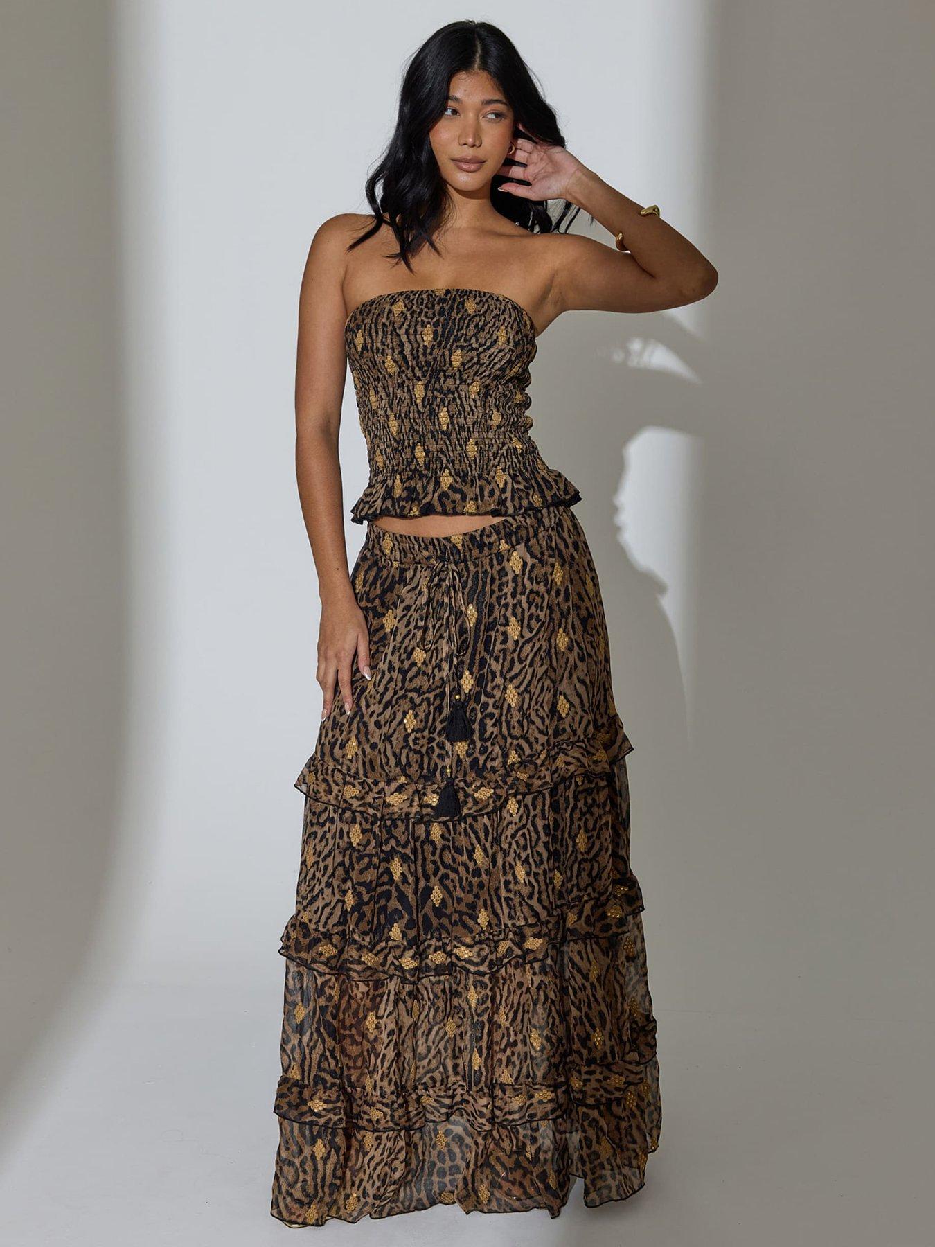 South Beach Tiered Ruffle Sequin Embroidered Maxi Skirt - Leopard Print
