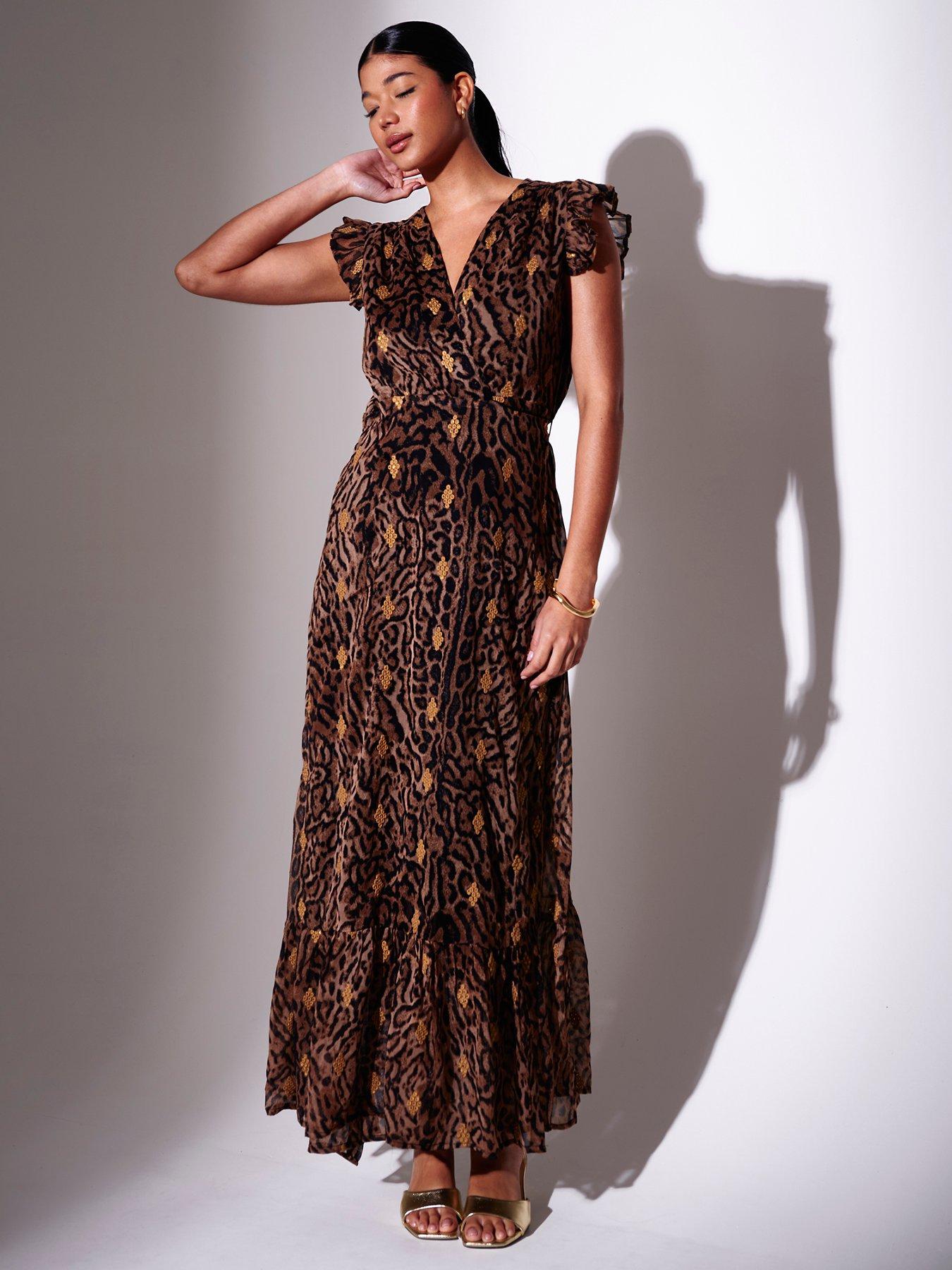 South Beach V-Neck Wrap Sequin Embroidered Maxi Dress - Leopard Print