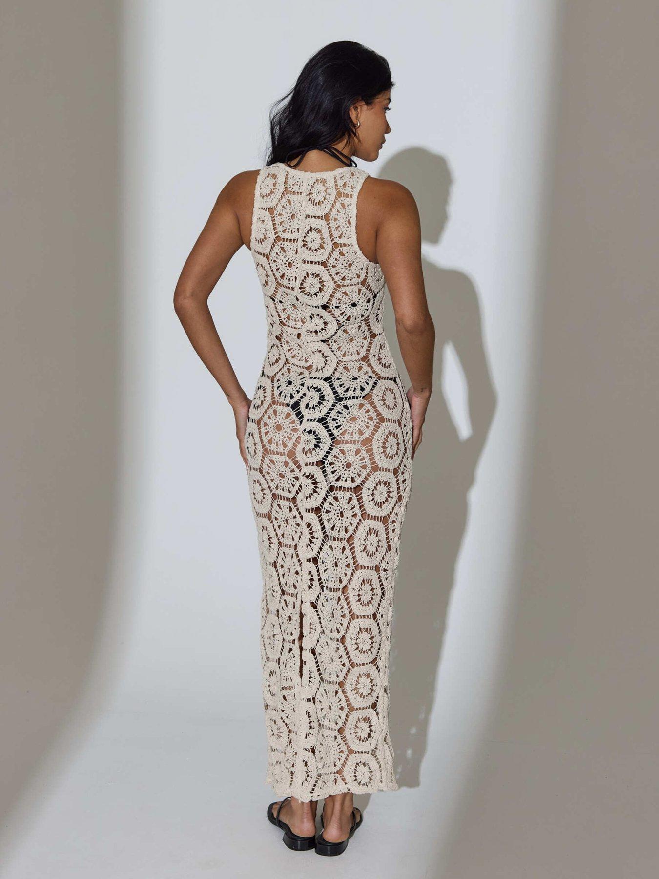 Image 2 of 4 of South Beach Crochet Tie Front Maxi Dress - Cream