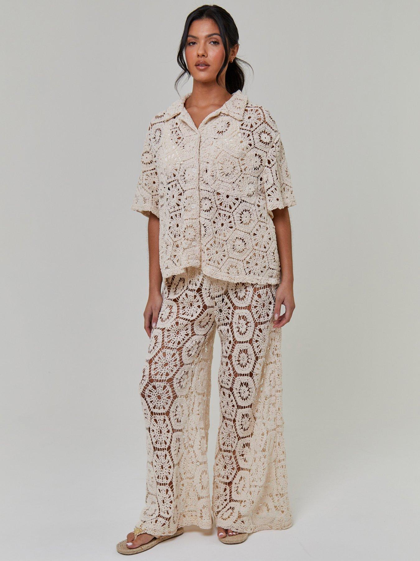 Image 1 of 4 of South Beach Crochet Short Sleeve Shirt - Cream
