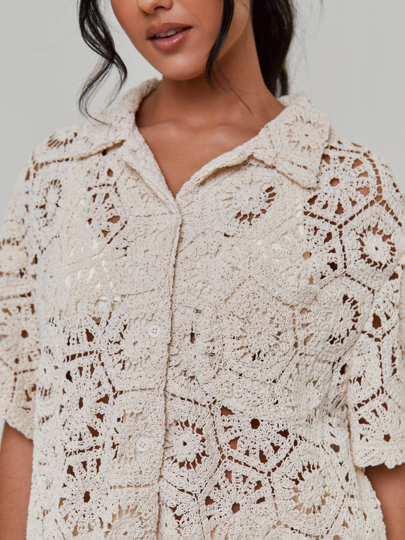 Image 2 of 4 of South Beach Crochet Short Sleeve Shirt - Cream
