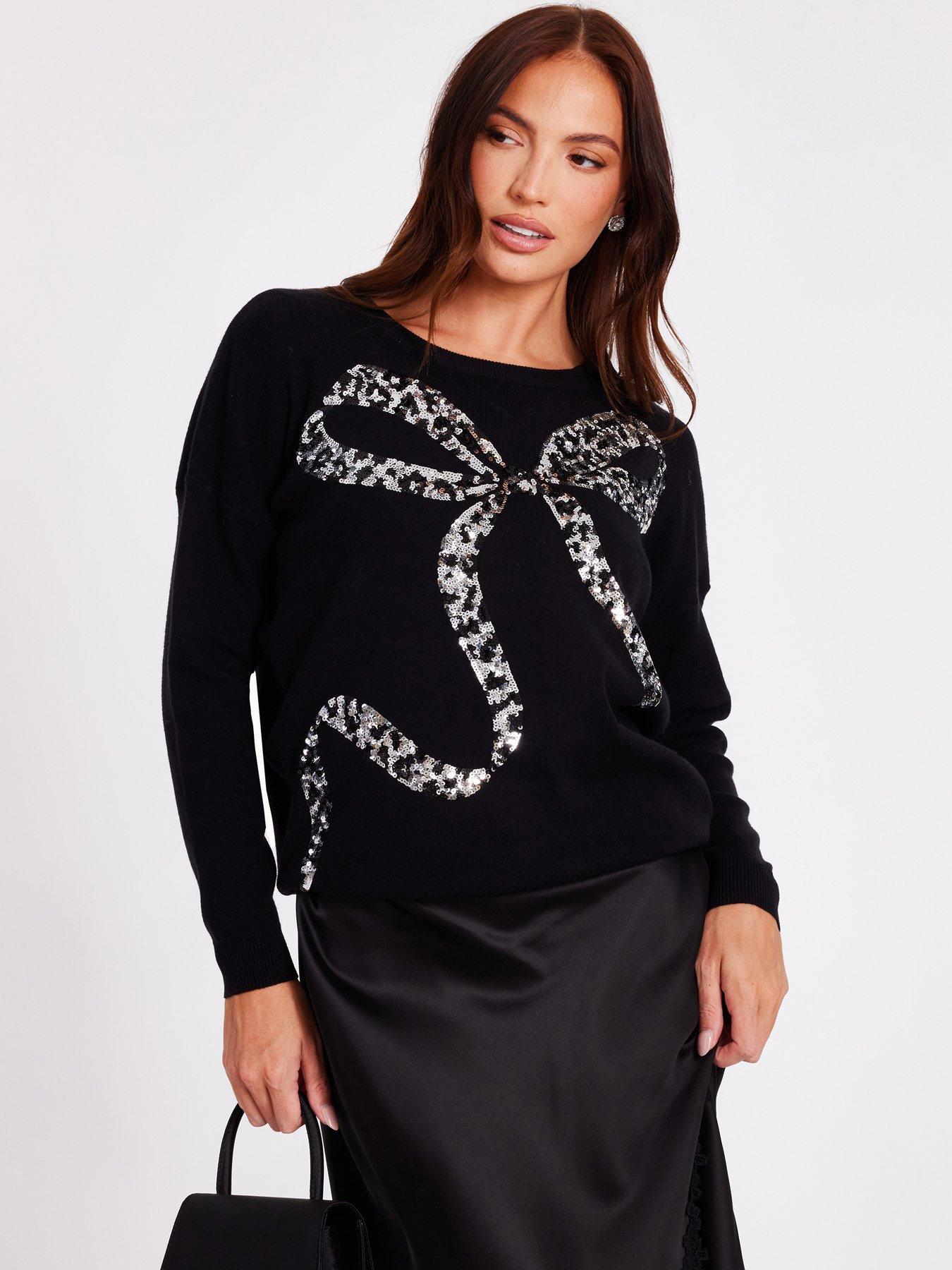 Quiz Black Sequin Bow Jumper