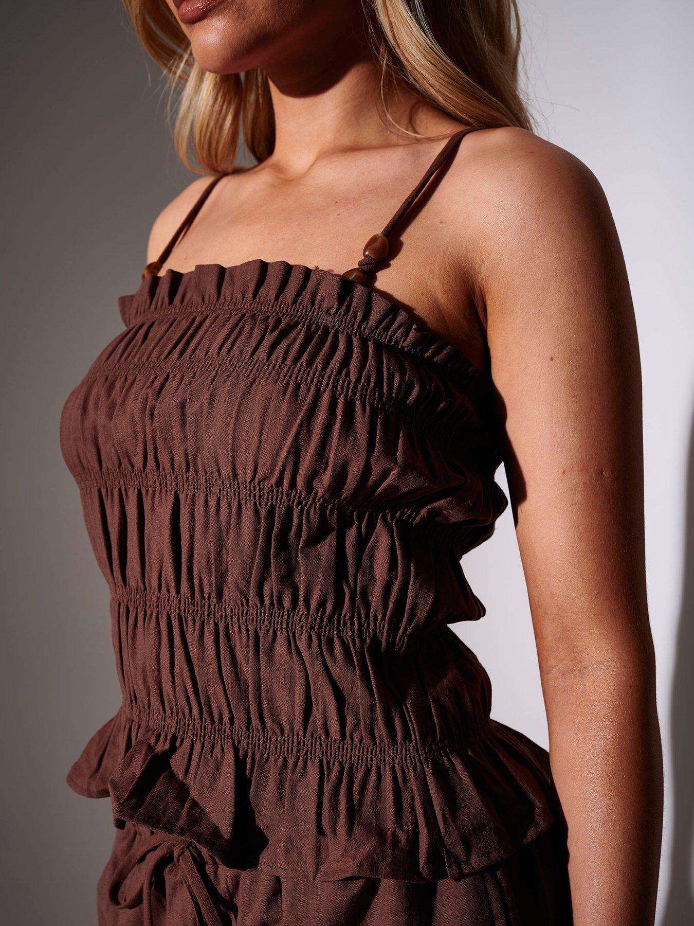South Beach Shirred Ruffle Top With Beaded Detail - Brown | Very