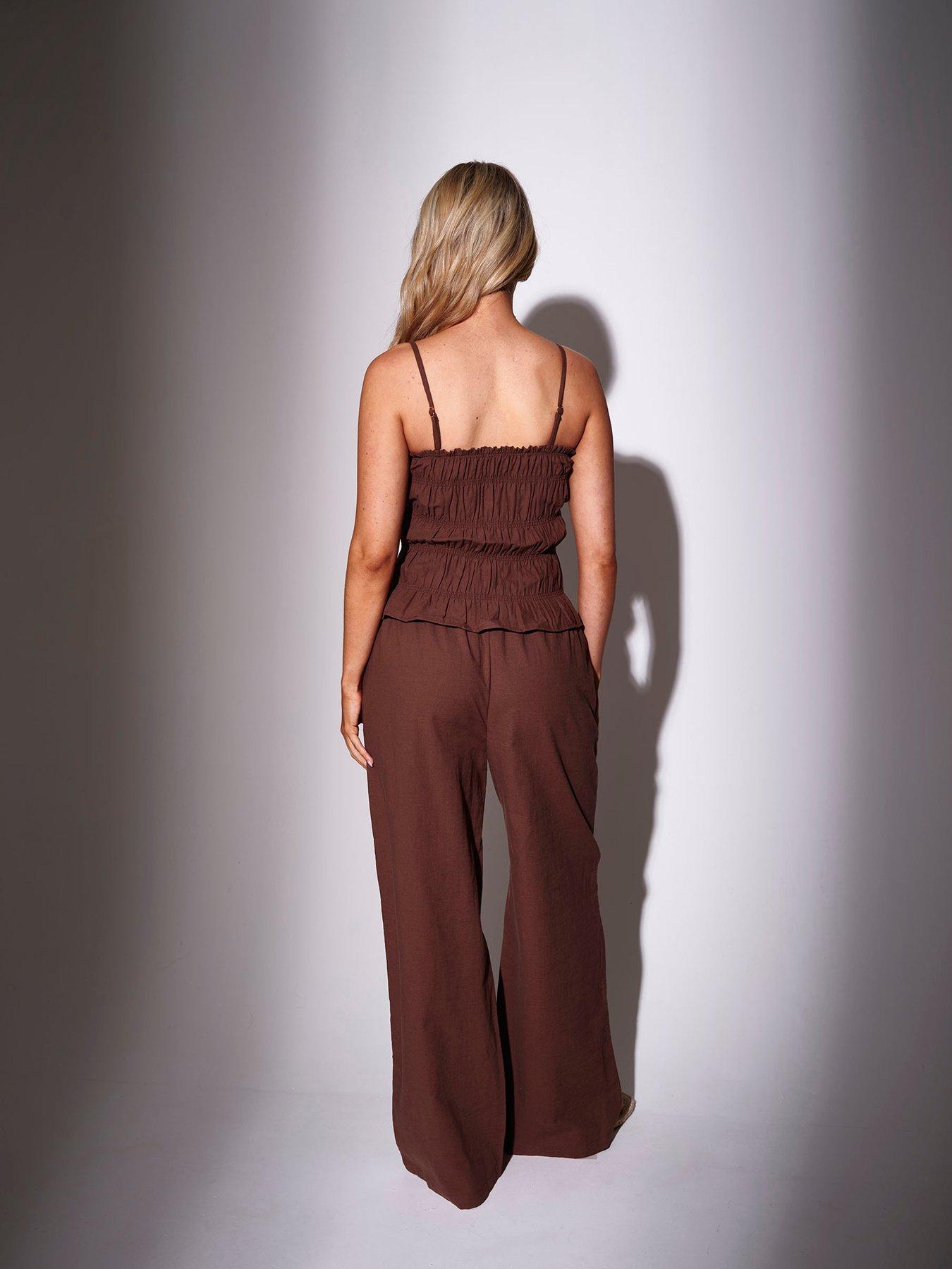 South Beach Shirred Ruffle Top With Beaded Detail - Brown | Very