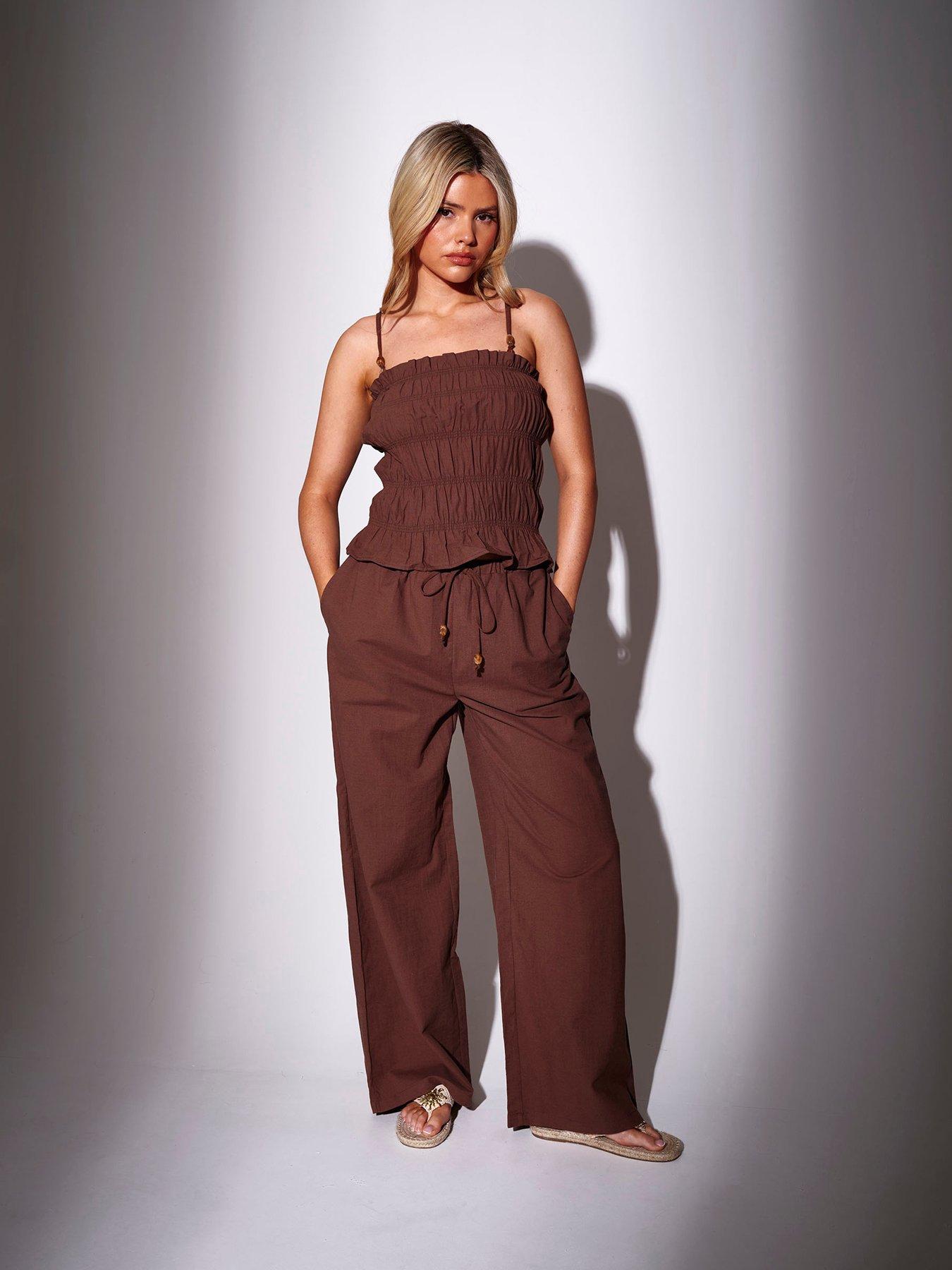 South Beach Wide Leg Trousers With Bead Detail - Brown