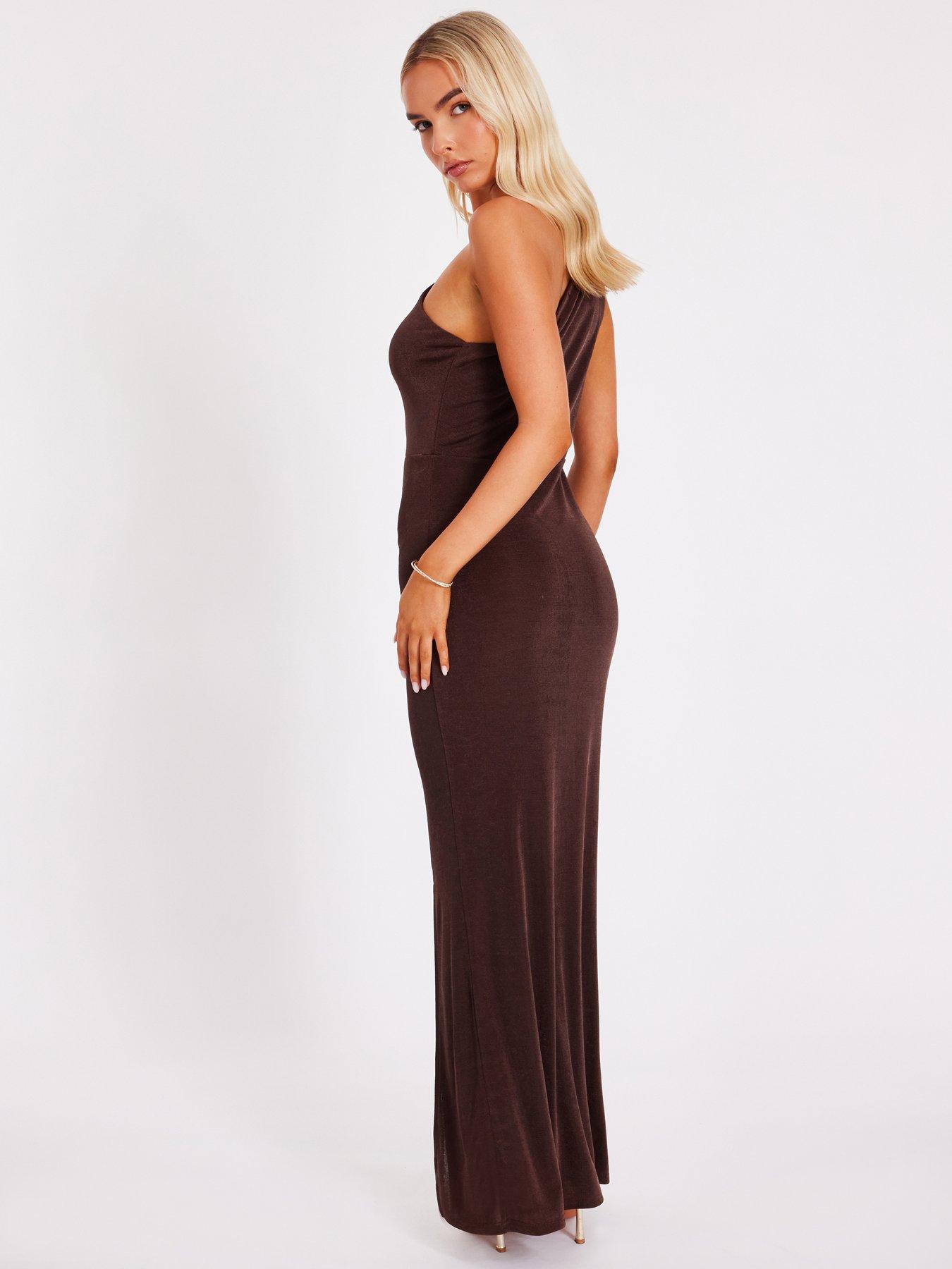 Image 2 of 6 of Quiz Brown One Shoulder Maxi Dress