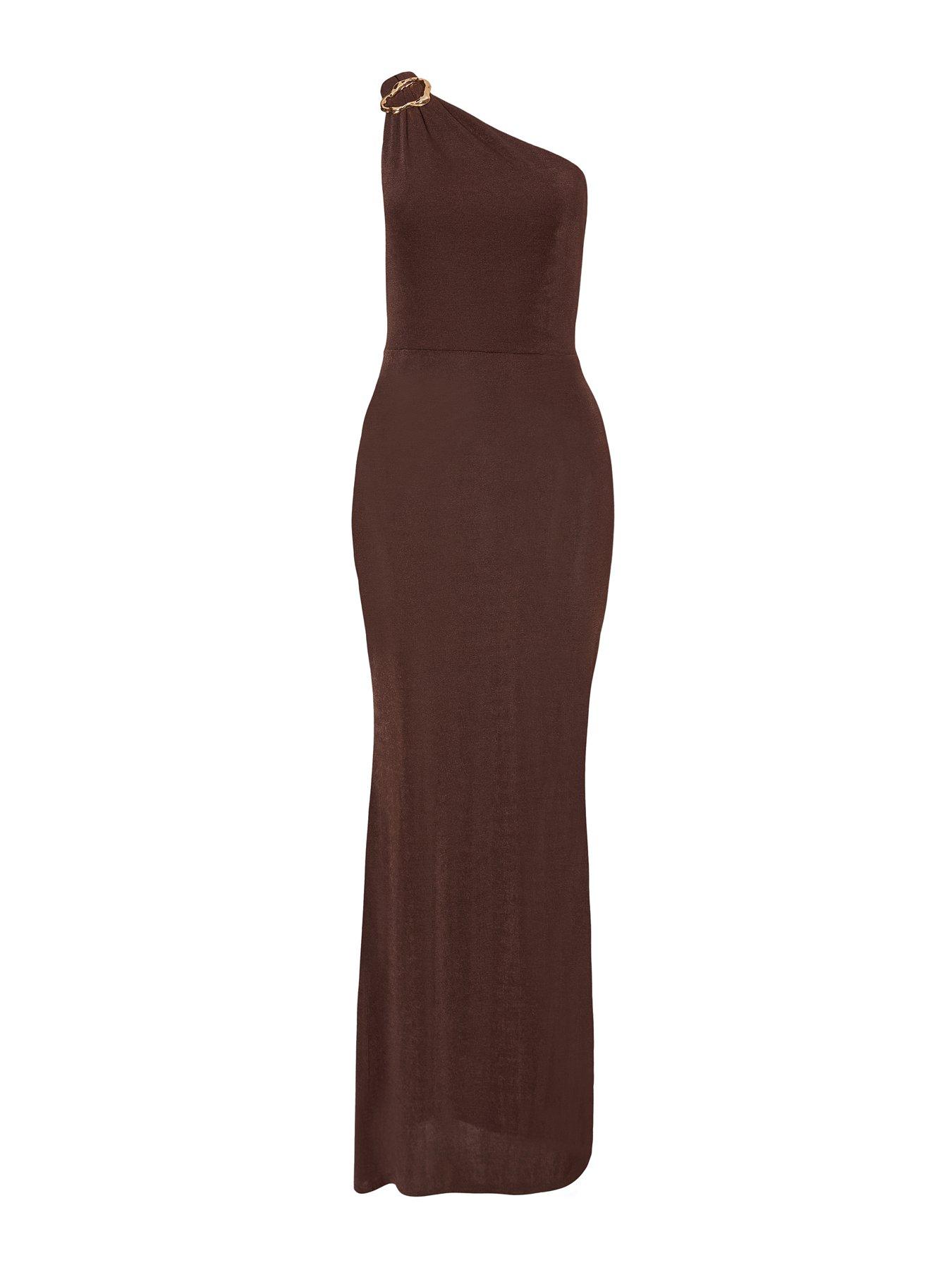 Image 4 of 6 of Quiz Brown One Shoulder Maxi Dress