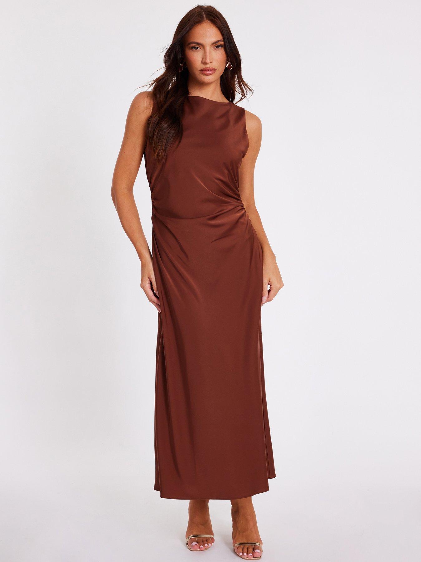 Quiz Brown Satin Ruched Midi Dress