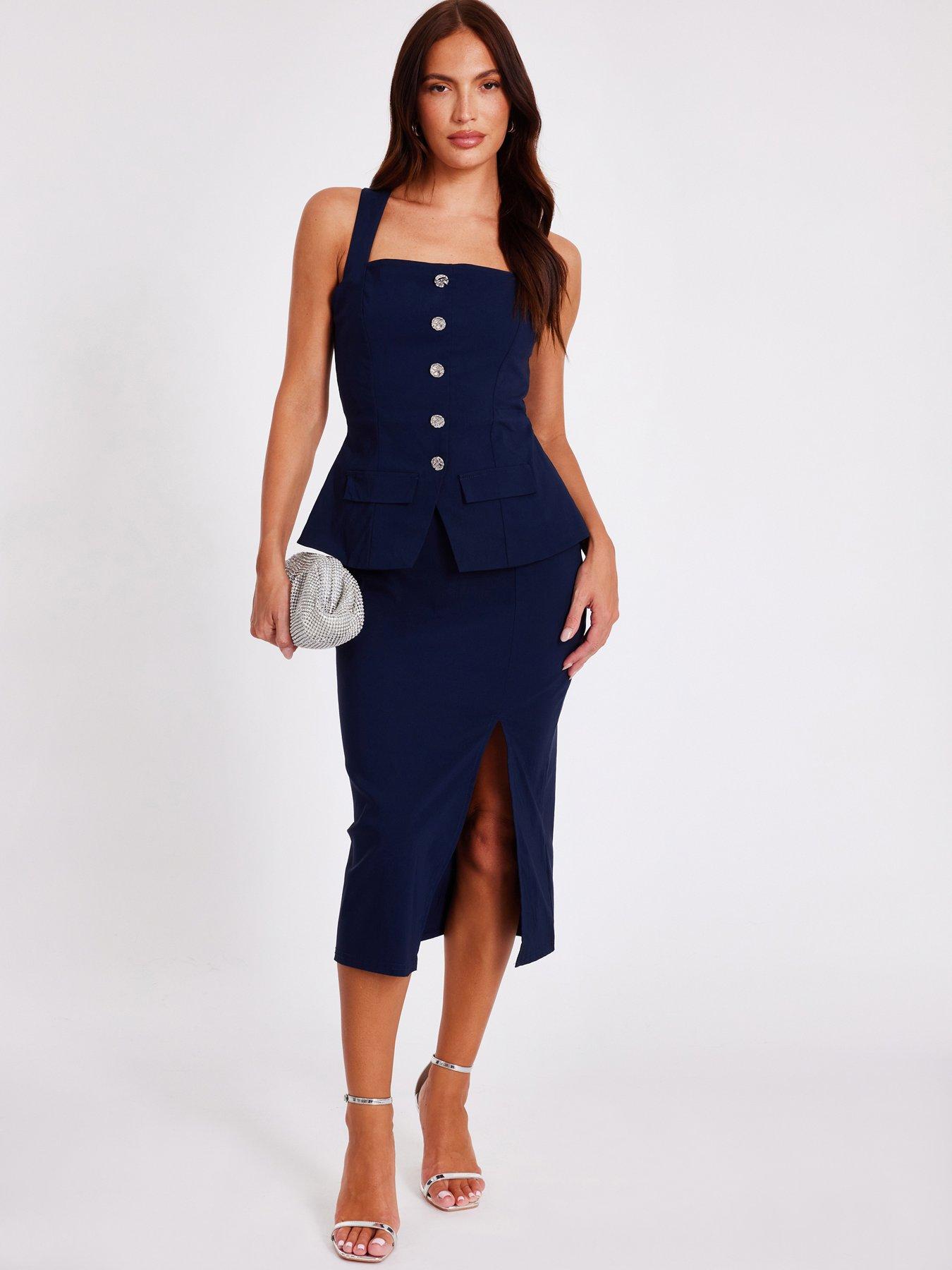 Quiz Navy Button Front Midi Dress