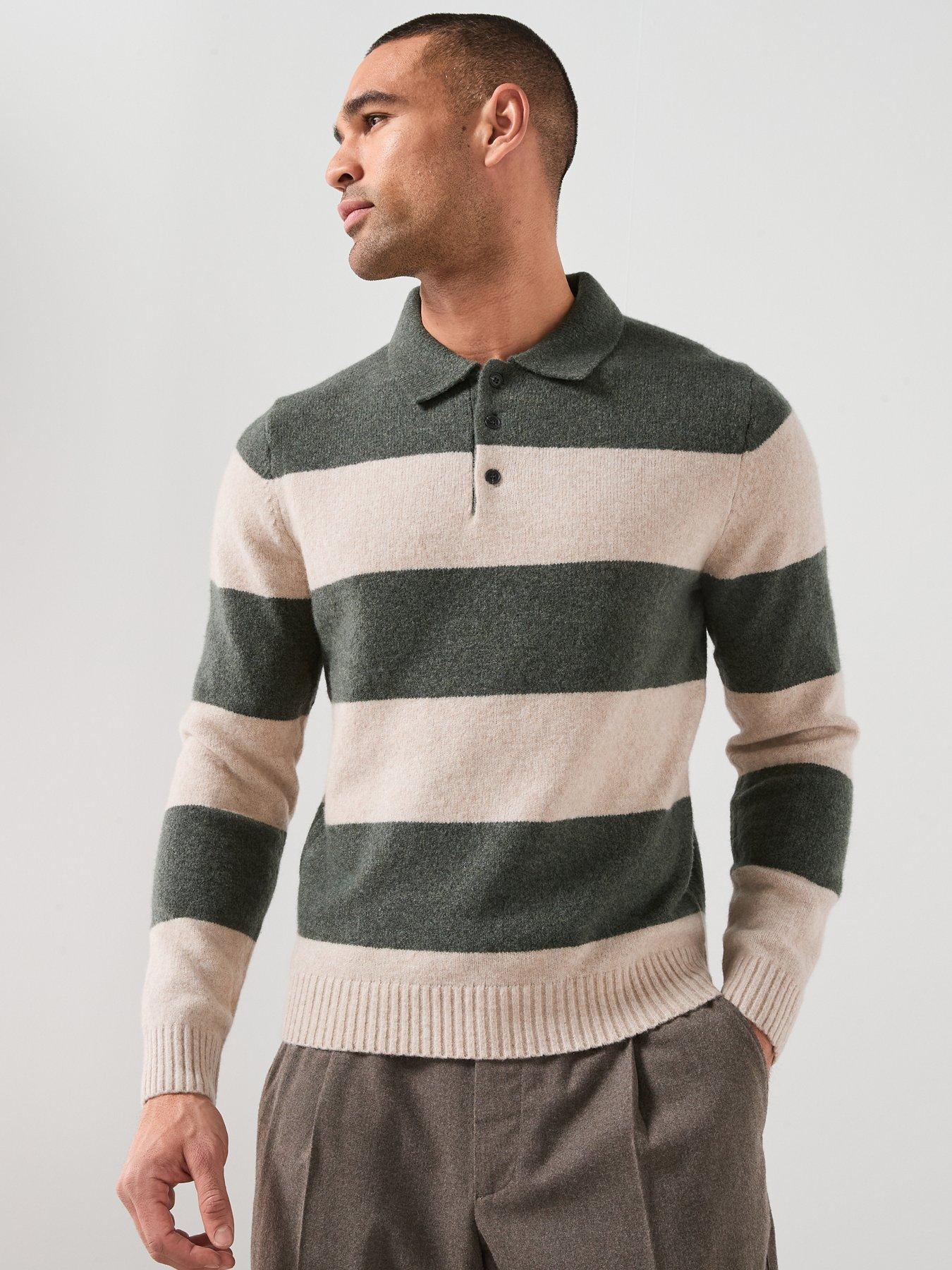 Mango Long Sleeve Knitted Stripe Polo Shirt - Dark Green