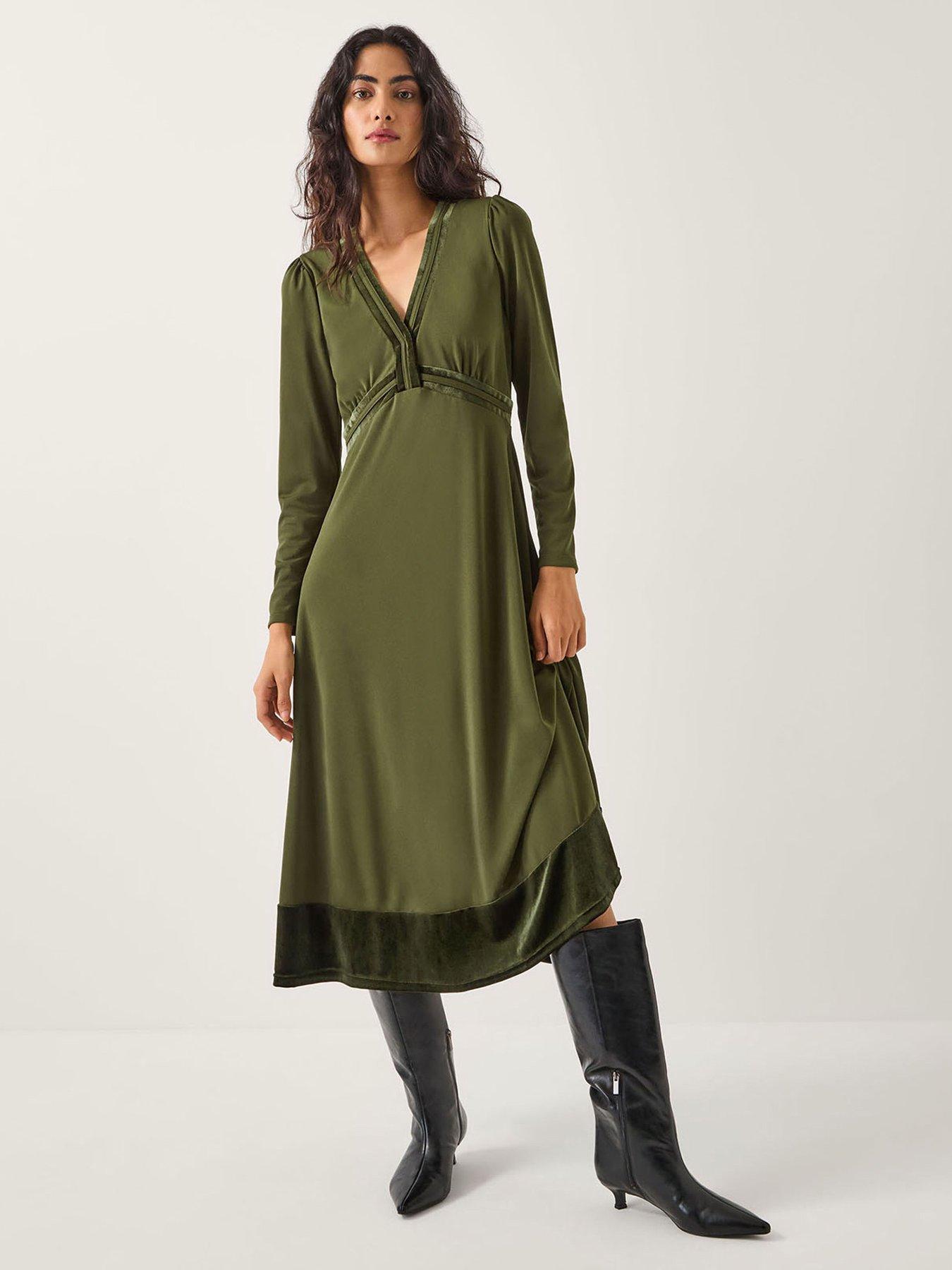 Monsoon Viv Velvet Trim Dress - Green