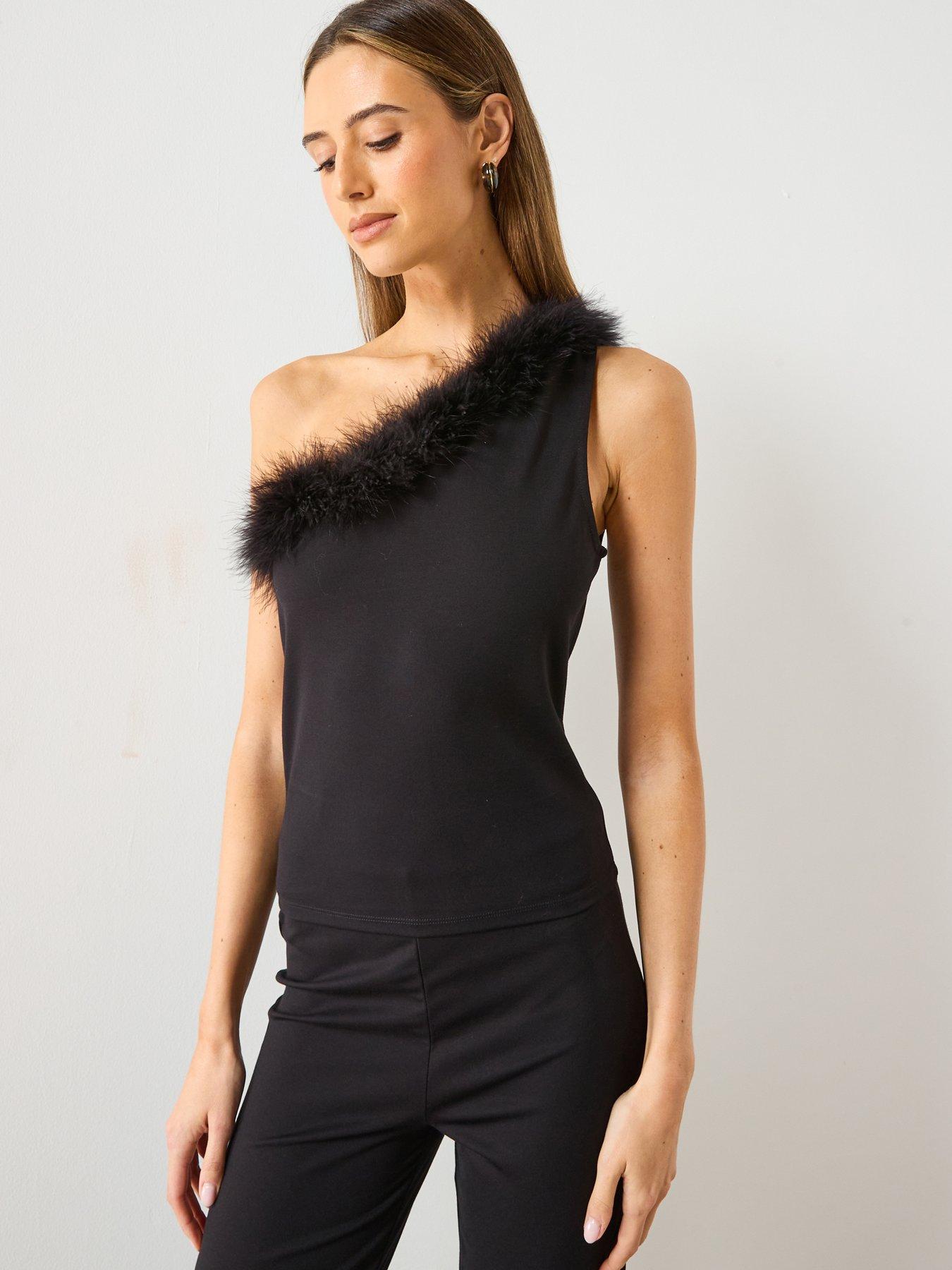 Mango Feather Detail One Shoulder Top - Black
