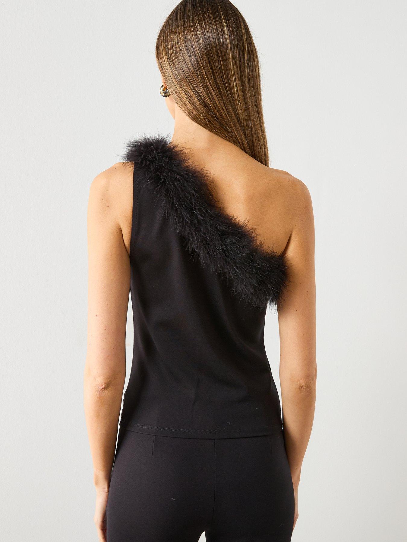 Image 2 of 6 of Mango Feather Detail One Shoulder Top - Black