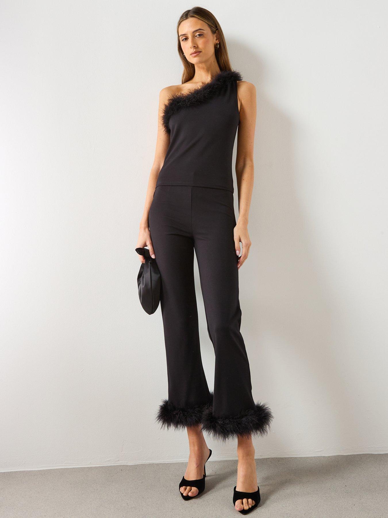 Image 3 of 6 of Mango Feather Detail One Shoulder Top - Black