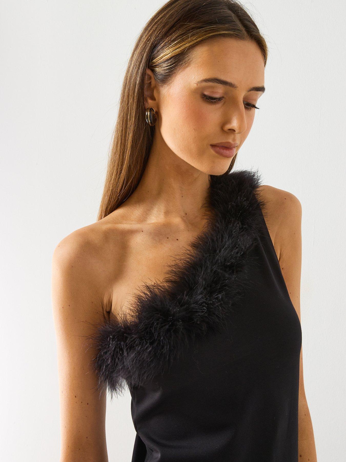 Image 4 of 6 of Mango Feather Detail One Shoulder Top - Black