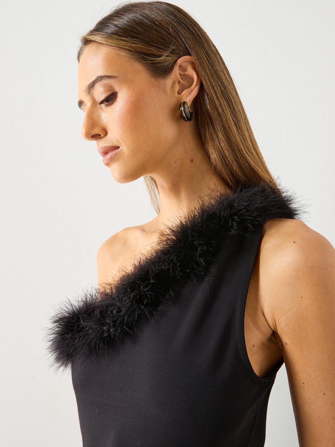 Image 6 of 6 of Mango Feather Detail One Shoulder Top - Black