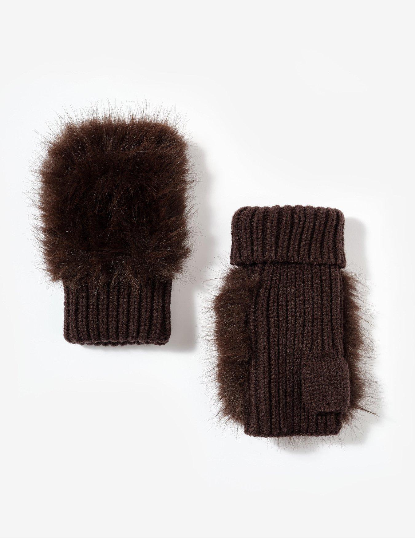 Mint Velvet Chocolate Faux Fur Mittens - Brown
