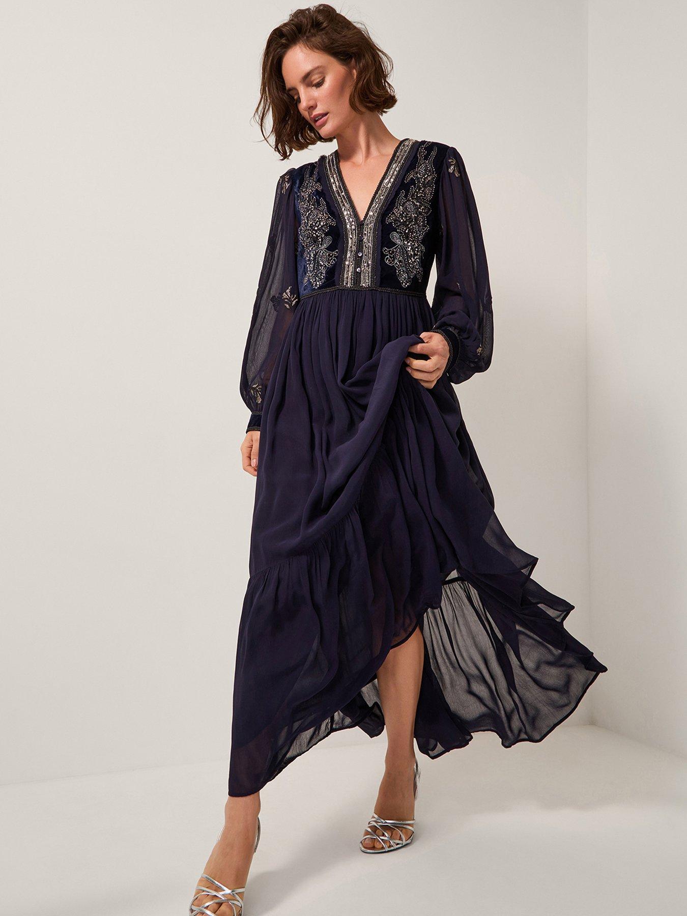 Monsoon Joanna Emb Dress - Blue