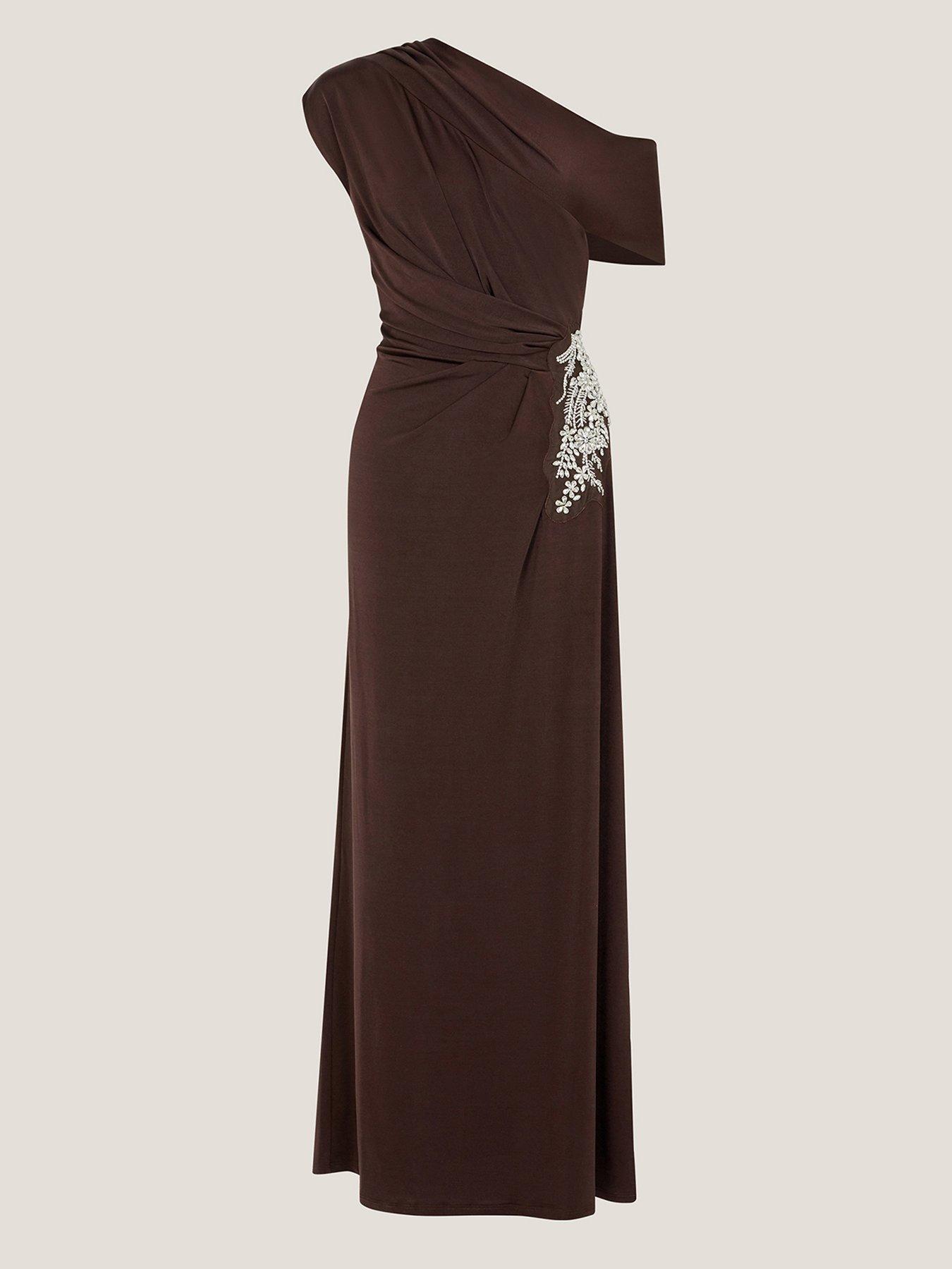 Monsoon Trina Asymmetrical Embellished Jersey Maxi Dress - Brown
