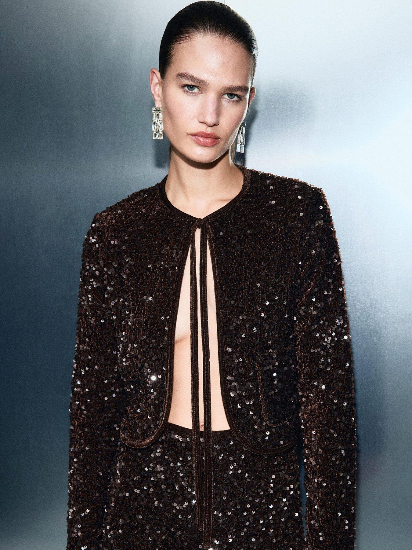 Mango: Sequin Tie Velvet Jacket - Brown