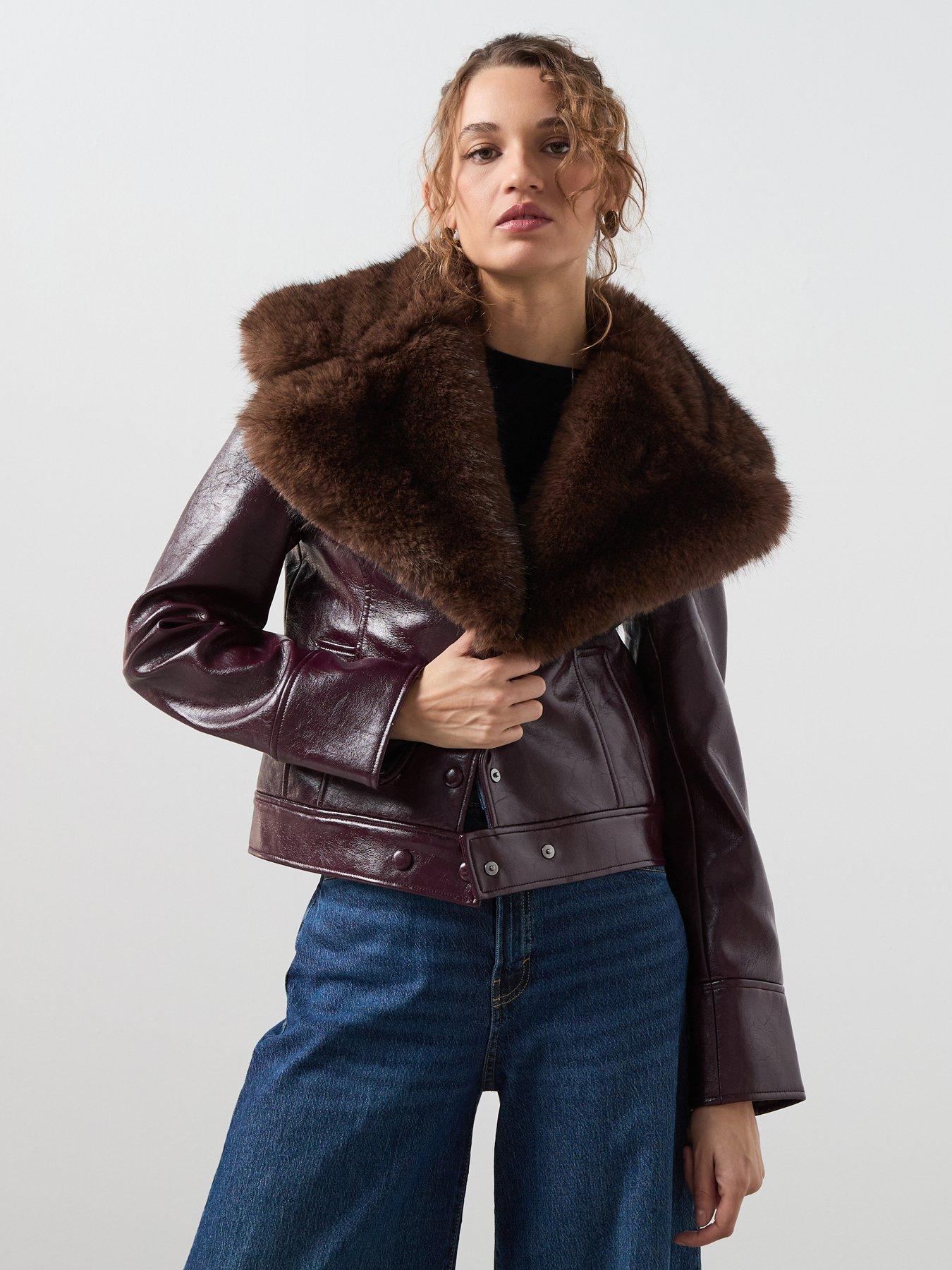 Mango Faux Fur Collar Biker Jacket - Dark Red