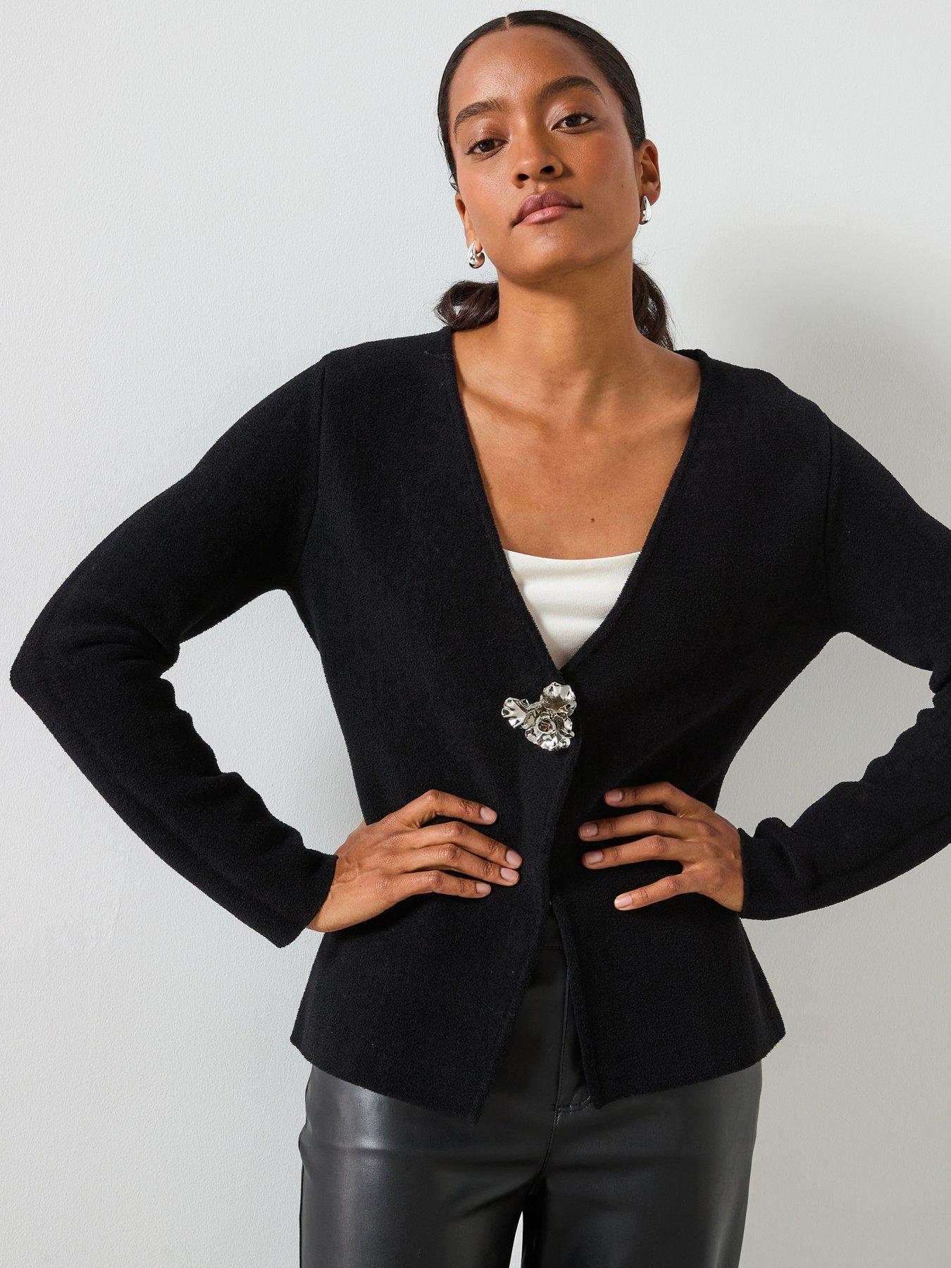 Image 1 of 6 of Mango Knitted Cardigan With Jewel Button - Black