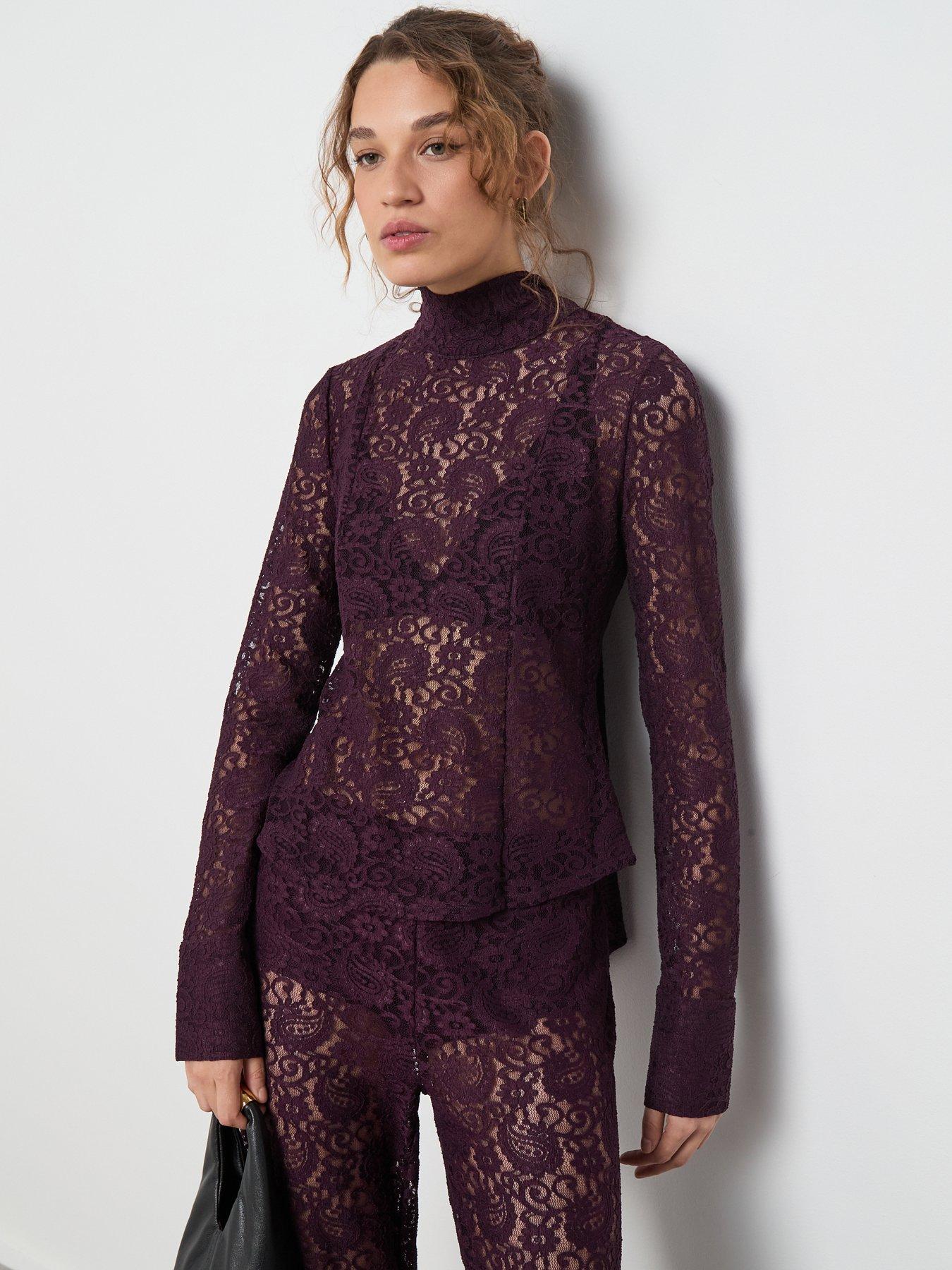 Image 1 of 6 of Mango Lace Long Sleeve Tie Neck Blouse - Red
