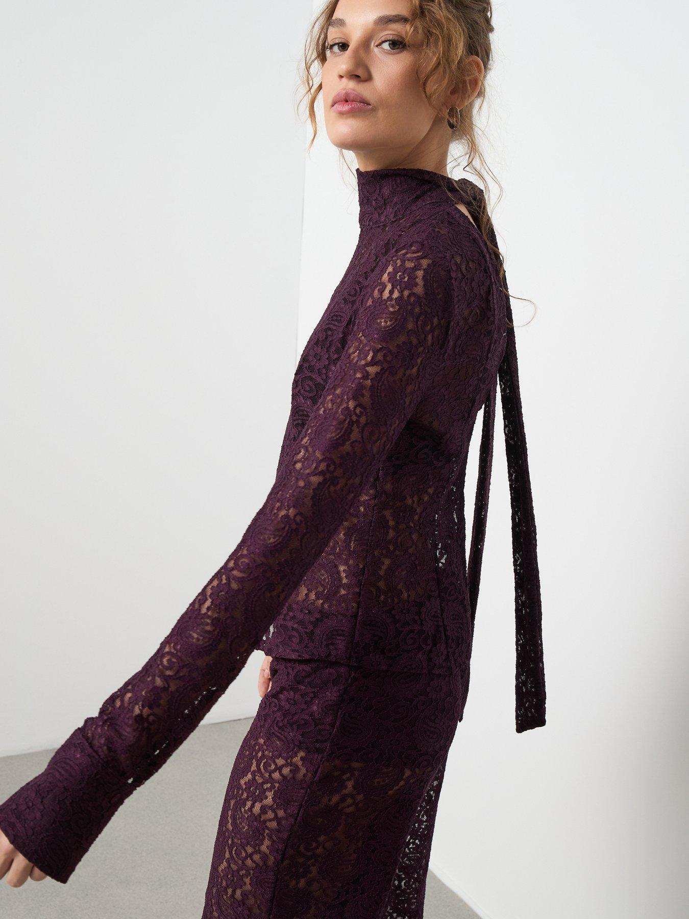 Image 2 of 6 of Mango Lace Long Sleeve Tie Neck Blouse - Red