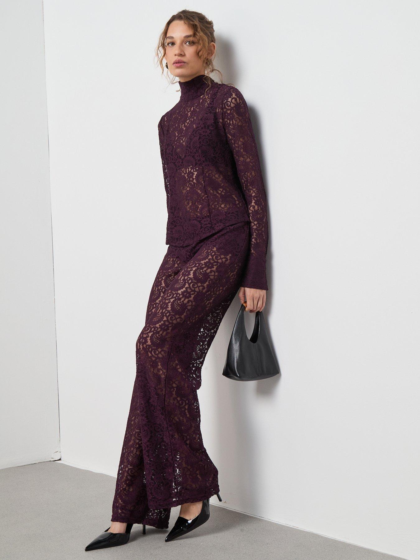 Image 3 of 6 of Mango Lace Long Sleeve Tie Neck Blouse - Red