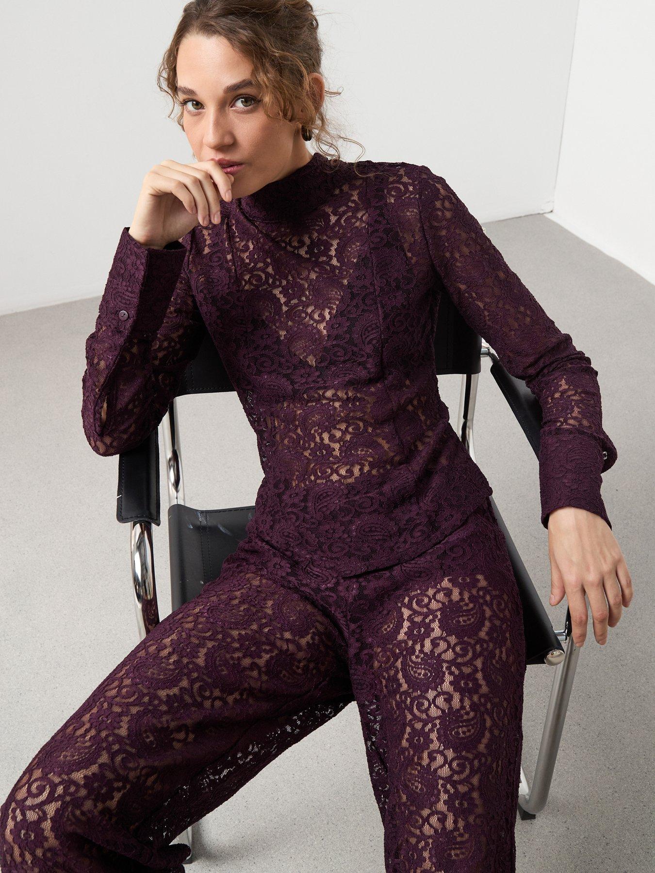 Image 4 of 6 of Mango Lace Long Sleeve Tie Neck Blouse - Red