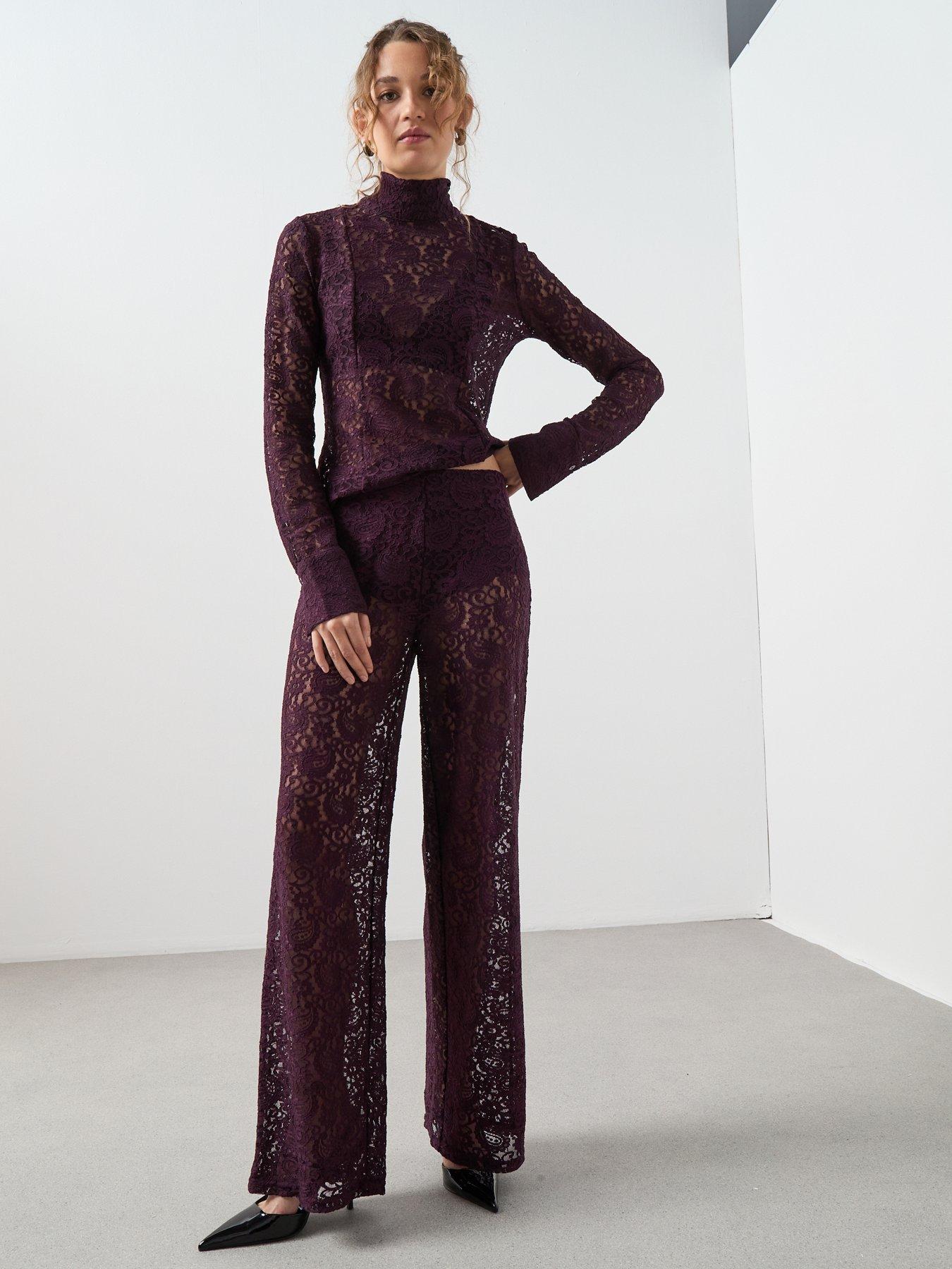 Image 5 of 6 of Mango Lace Long Sleeve Tie Neck Blouse - Red